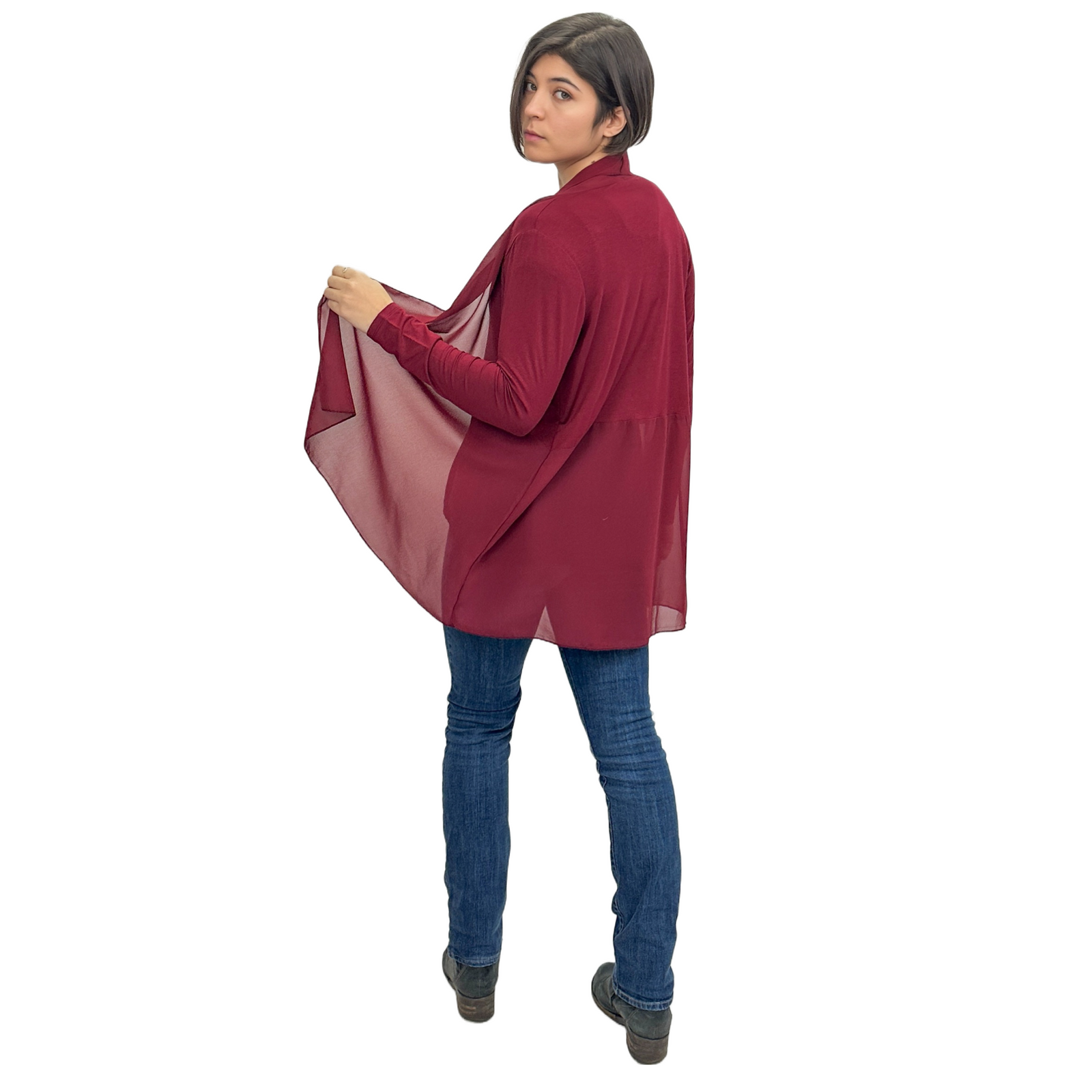 Elegant Chiffon Accented Stretchy Rayon Cardigan