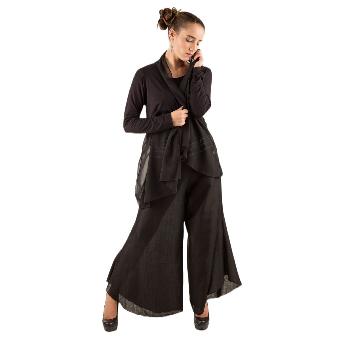 Elegant Chiffon Accented Stretchy Rayon Cardigan