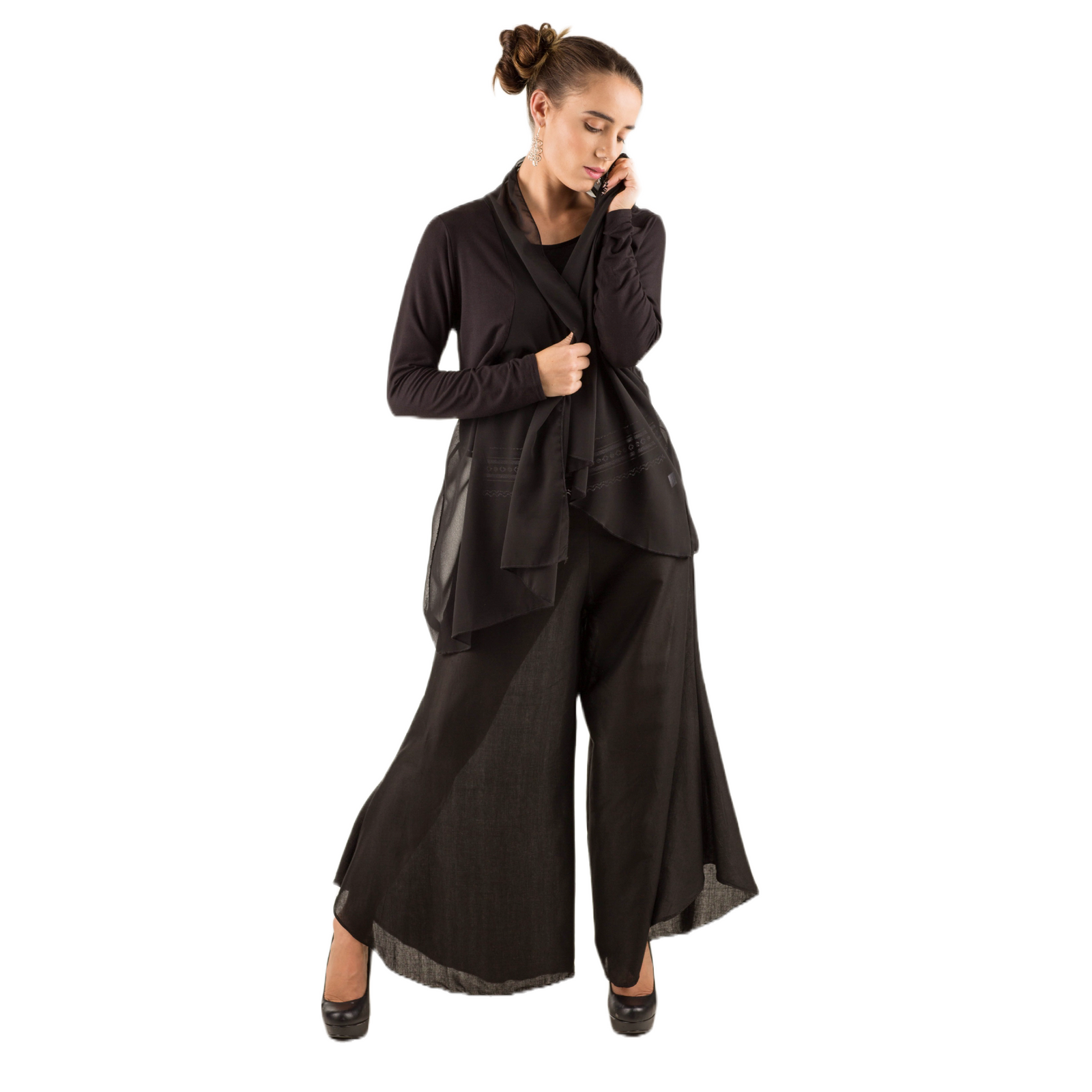 Elegant Chiffon Accented Stretchy Rayon Cardigan