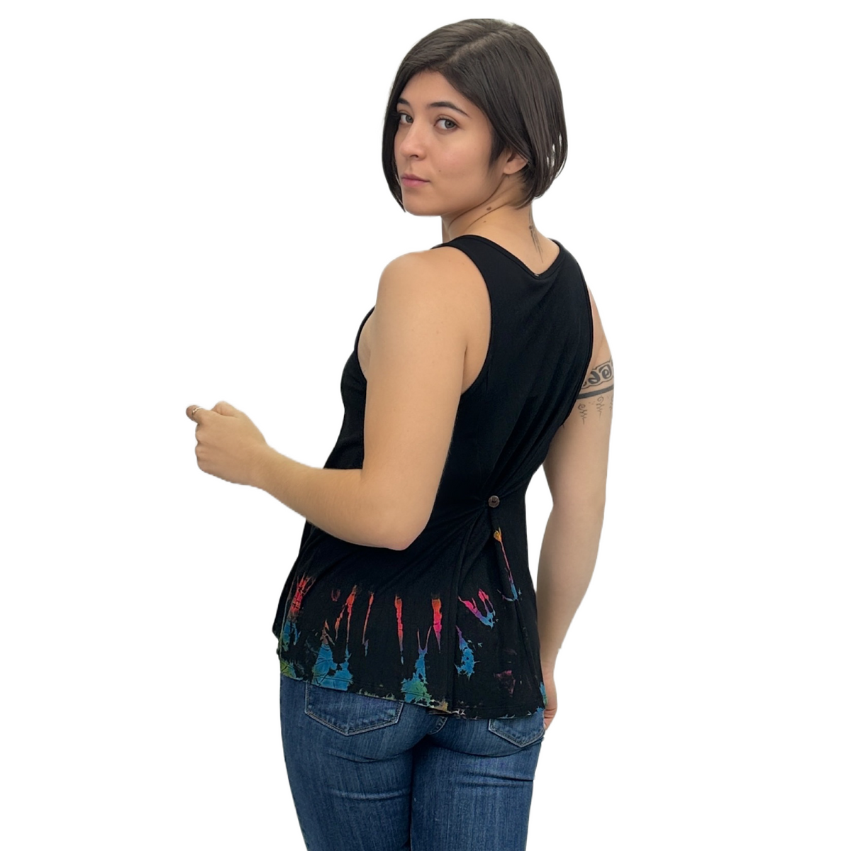 Half Tie-Dye Sleeveless Button Back Rayon Tank Top