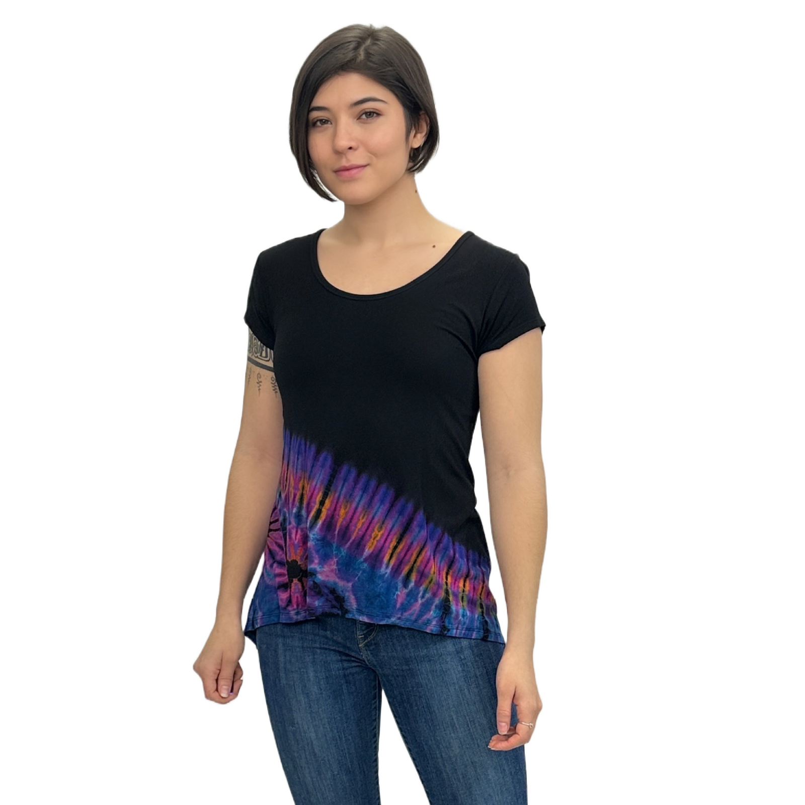 Half Tie-Dye Cap Sleeve Button Back Rayon Top