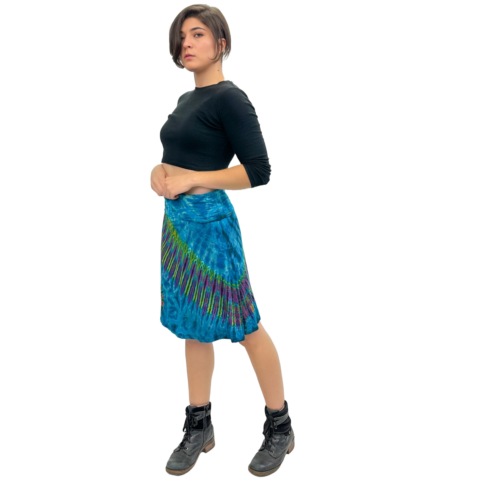 Full Tie-Dye Stretchy Rayon Convertible Knee Length Skirt