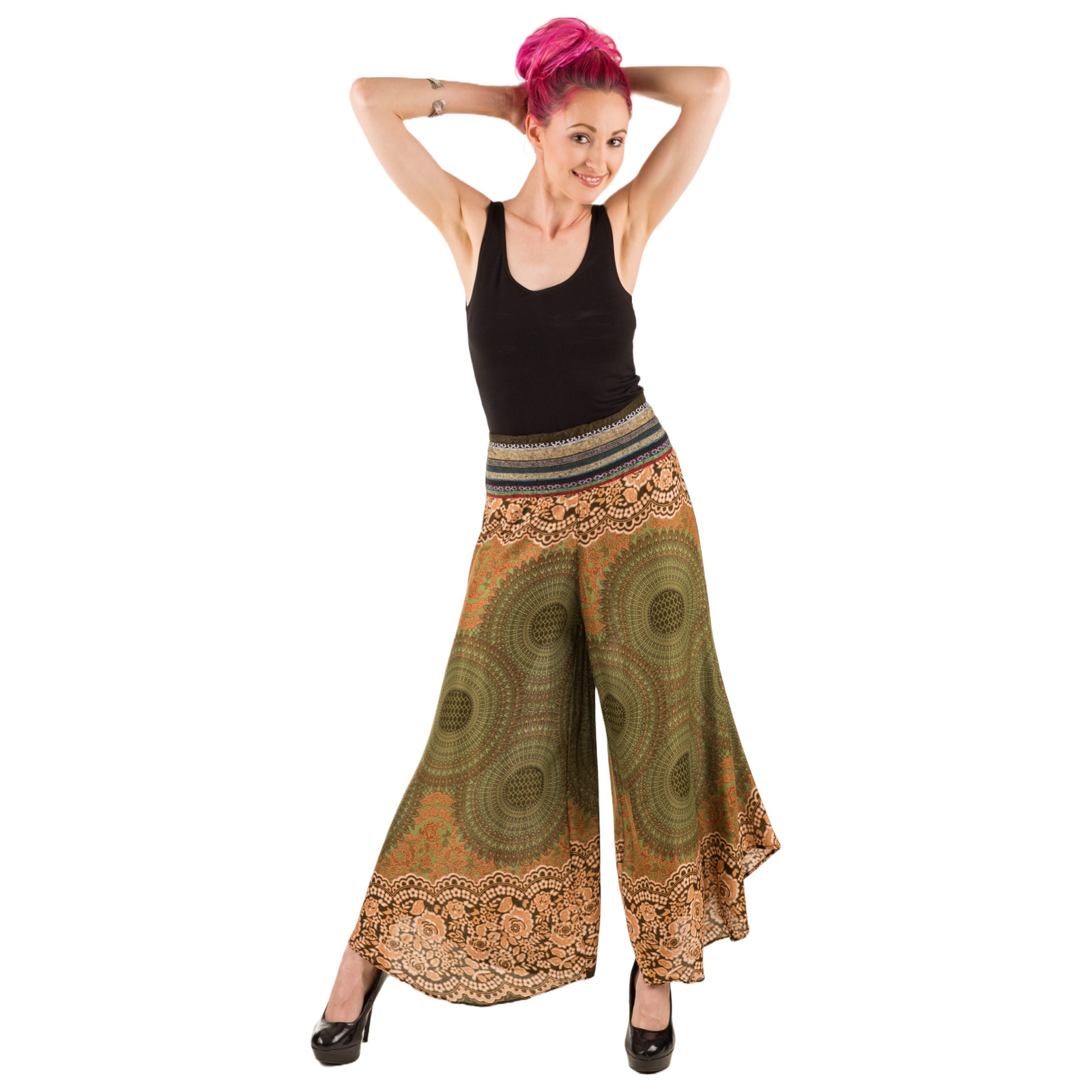 Honeycomb Flower Mandala Embroidered Waistband Rayon Palazzo Pants