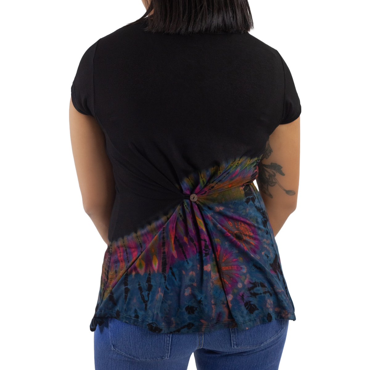 Half Tie-Dye Cap Sleeve Button Back Rayon Top