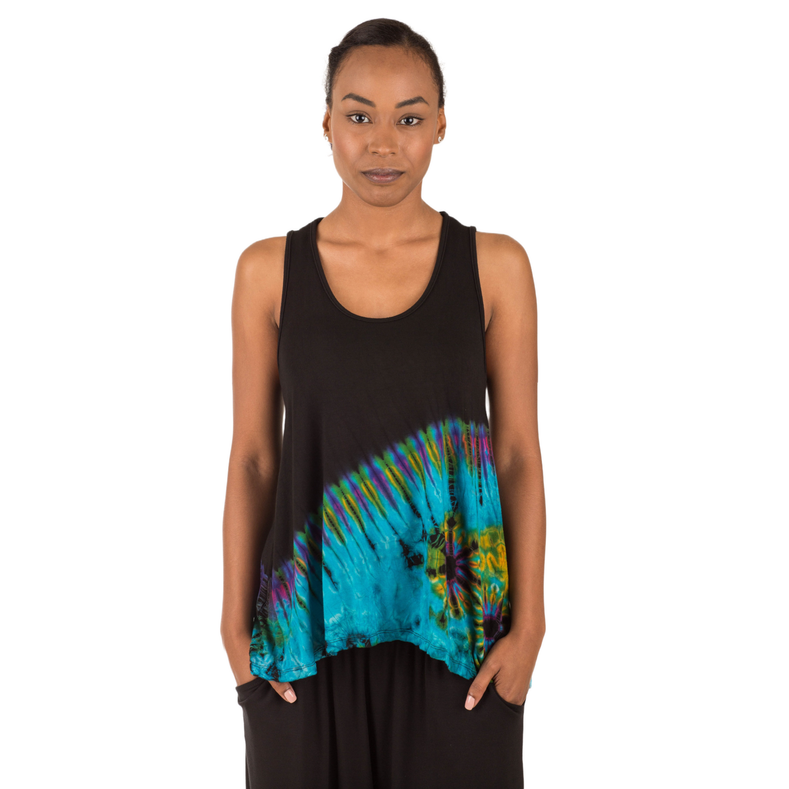 Half Tie-Dye Sleeveless Button Back Rayon Tank Top