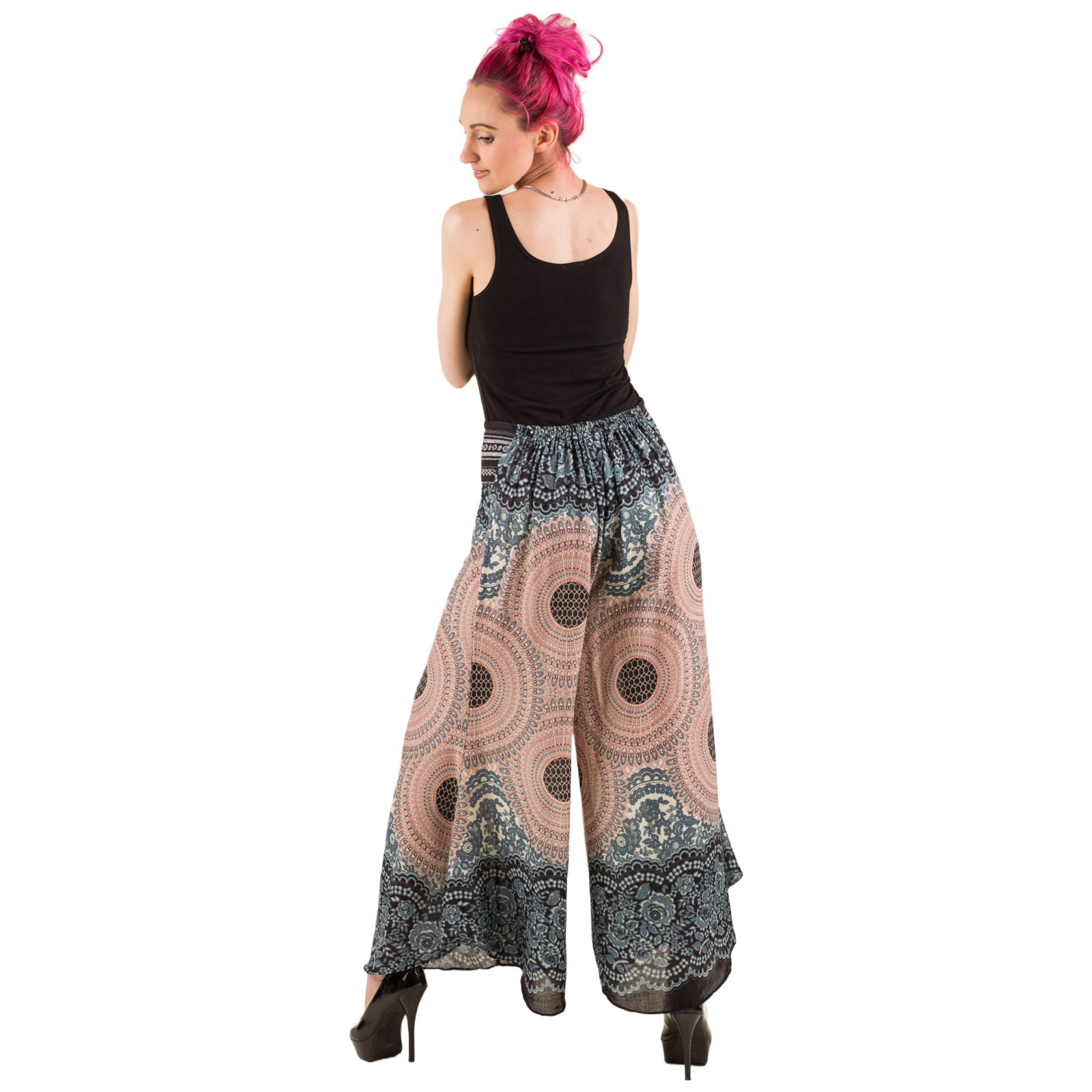 Honeycomb Flower Mandala Embroidered Waistband Rayon Palazzo Pants