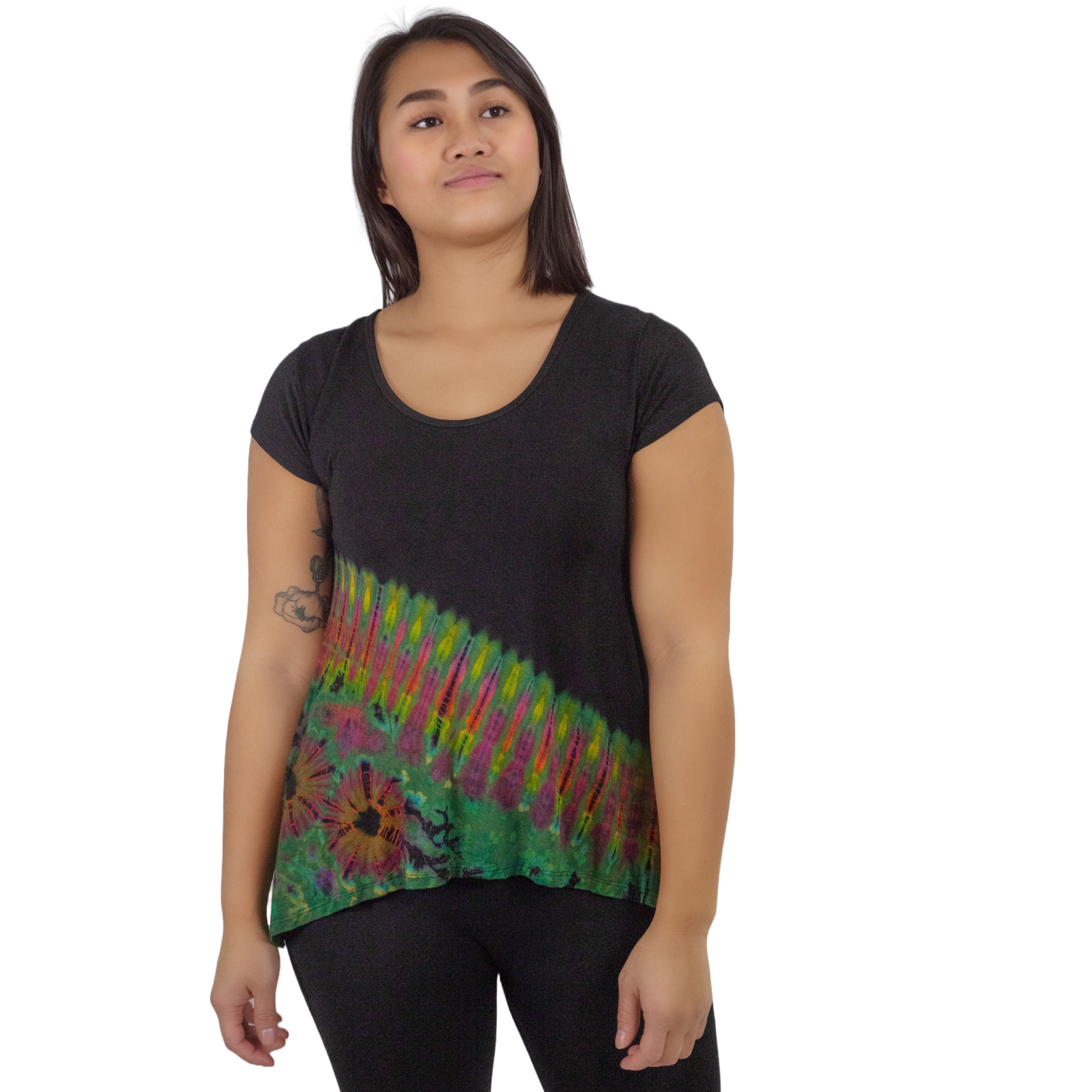 Half Tie-Dye Cap Sleeve Button Back Rayon Top