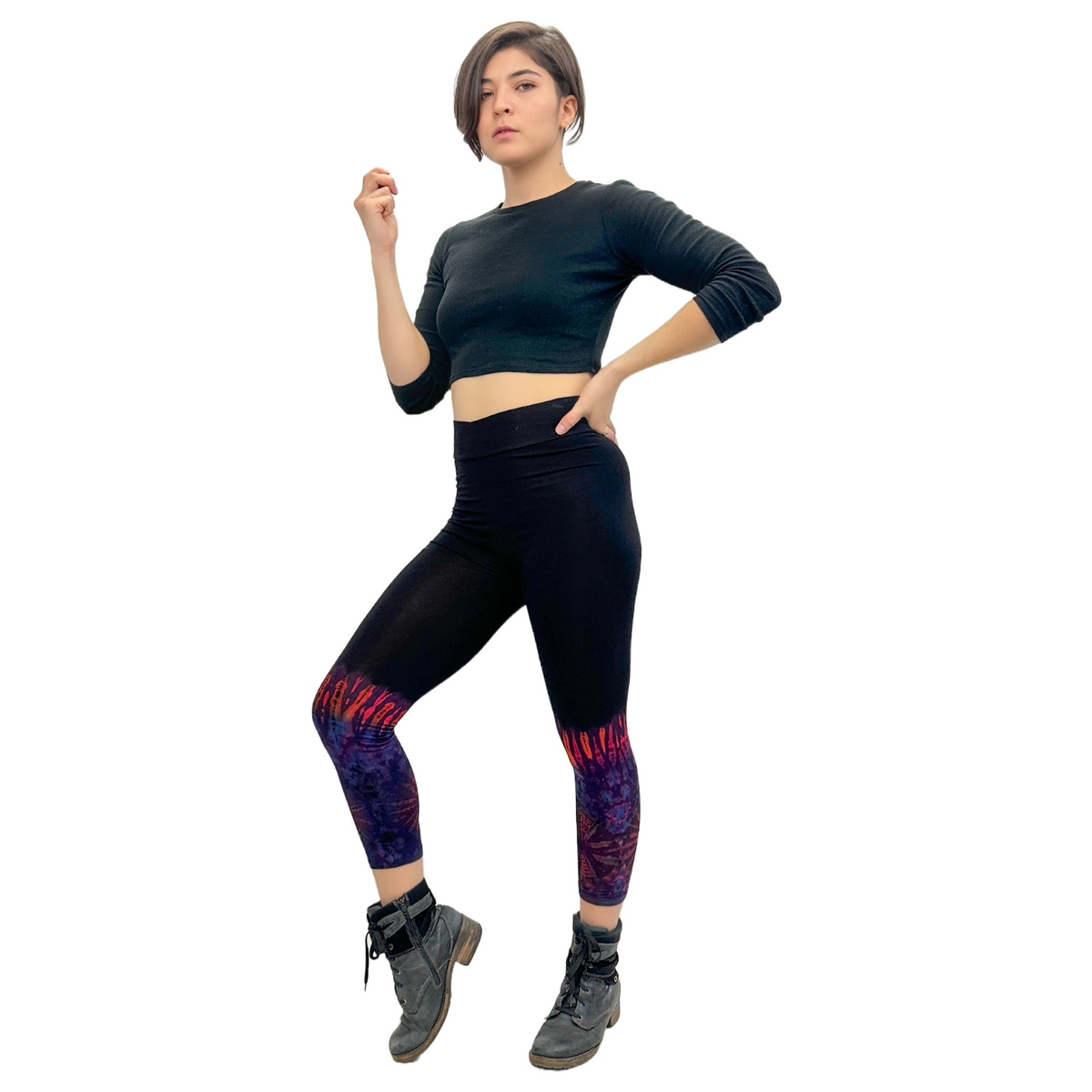 Half Tie-Dye Capri Length Rayon Leggings