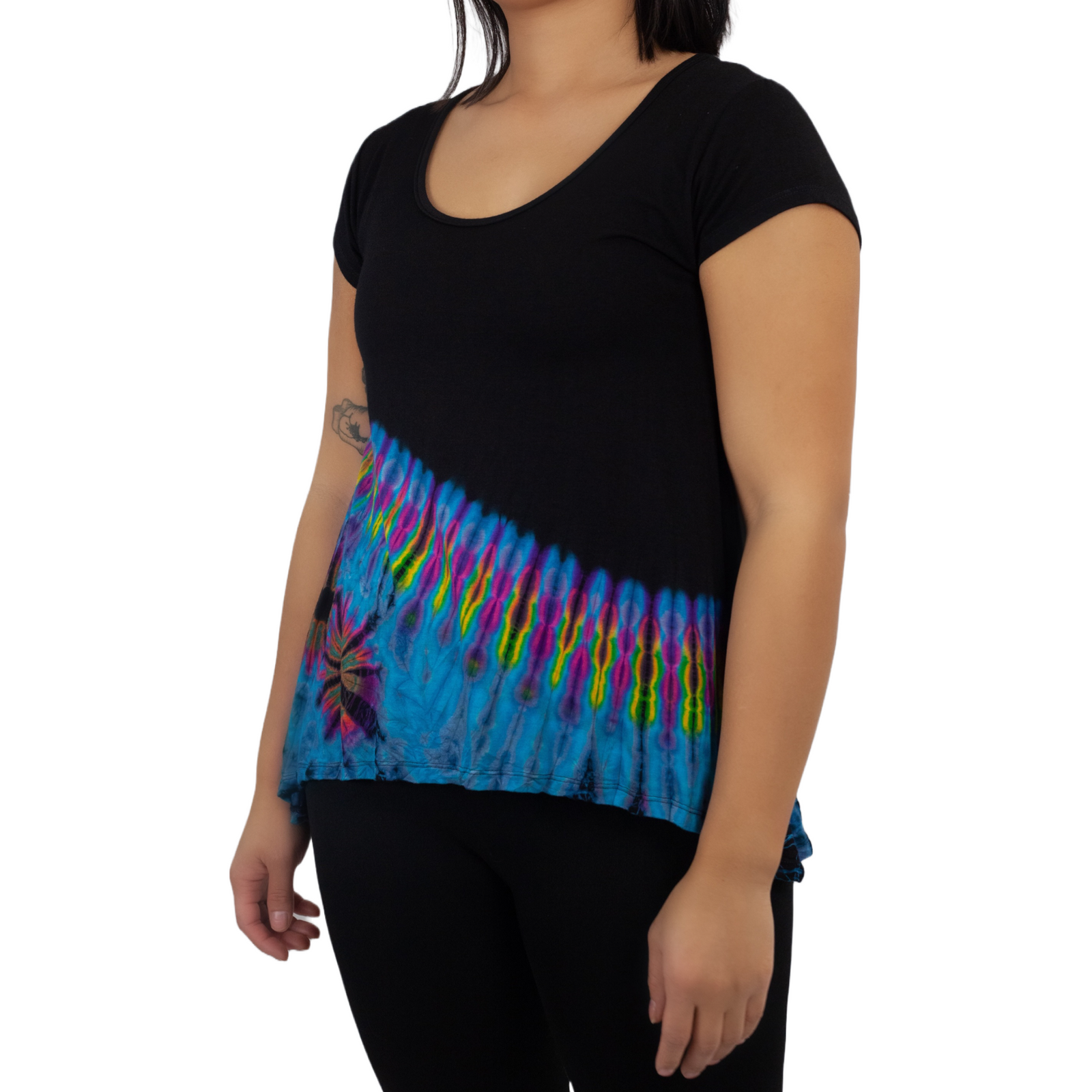 Half Tie-Dye Cap Sleeve Button Back Rayon Top
