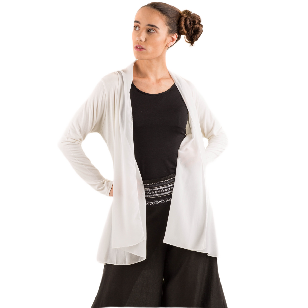 Elegant Chiffon Accented Stretchy Rayon Cardigan