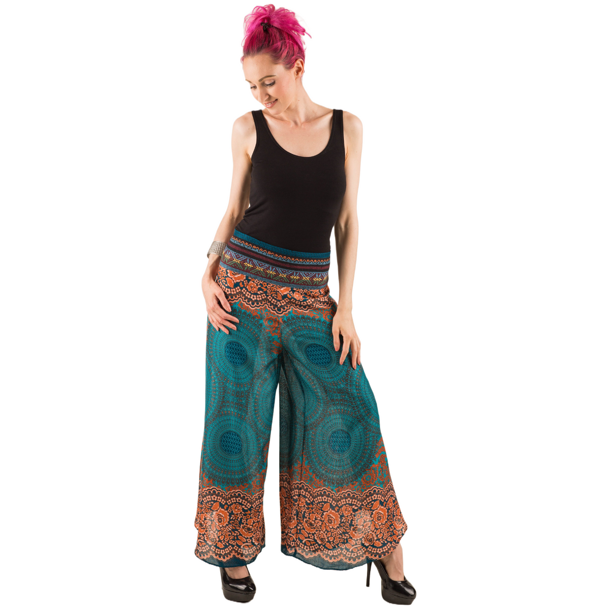 Honeycomb Flower Mandala Embroidered Waistband Rayon Palazzo Pants