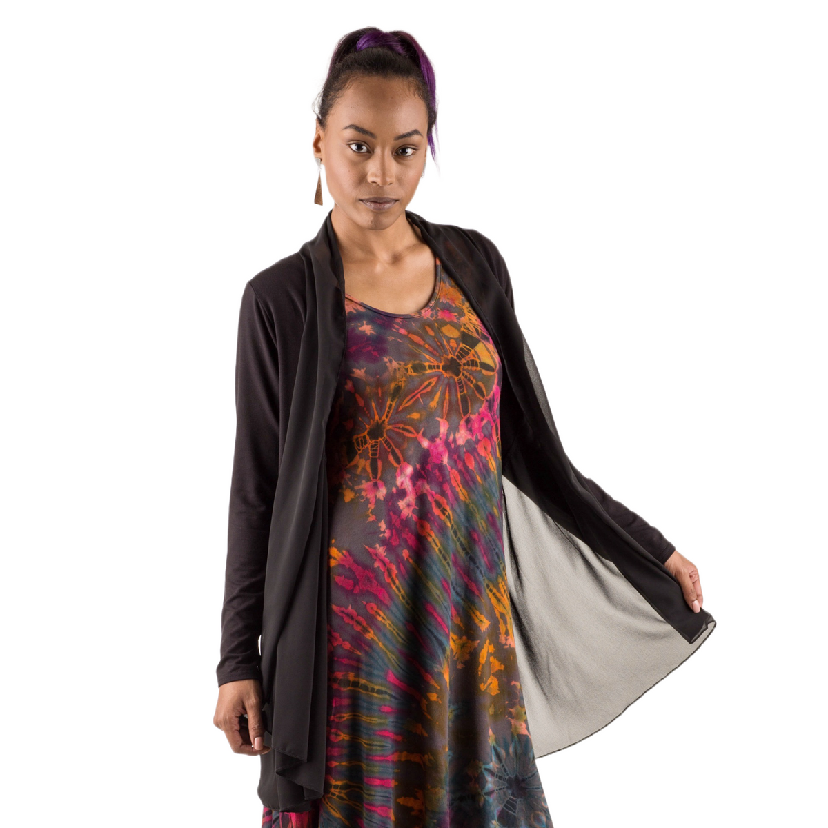 Elegant Chiffon Accented Stretchy Rayon Cardigan