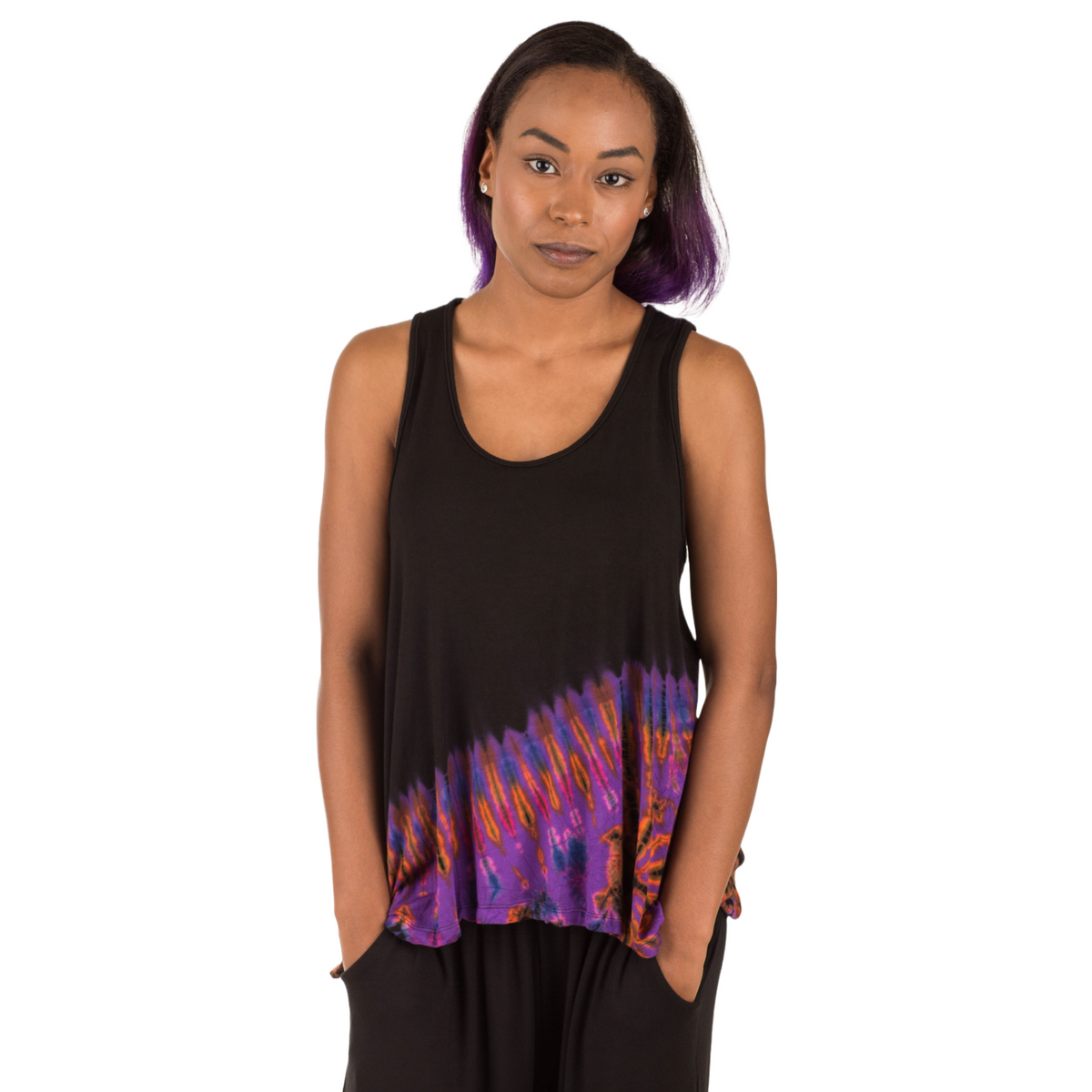 Half Tie-Dye Sleeveless Button Back Rayon Tank Top