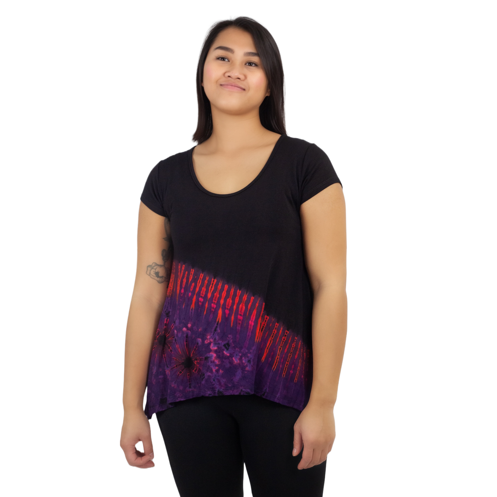 Half Tie-Dye Cap Sleeve Button Back Rayon Top