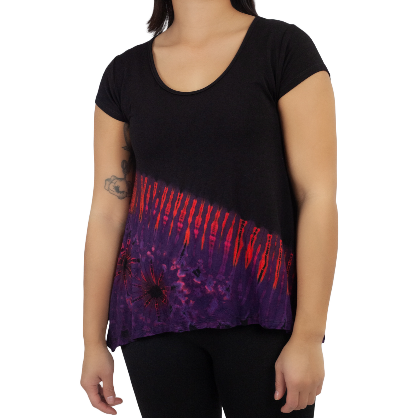 Half Tie-Dye Cap Sleeve Button Back Rayon Top