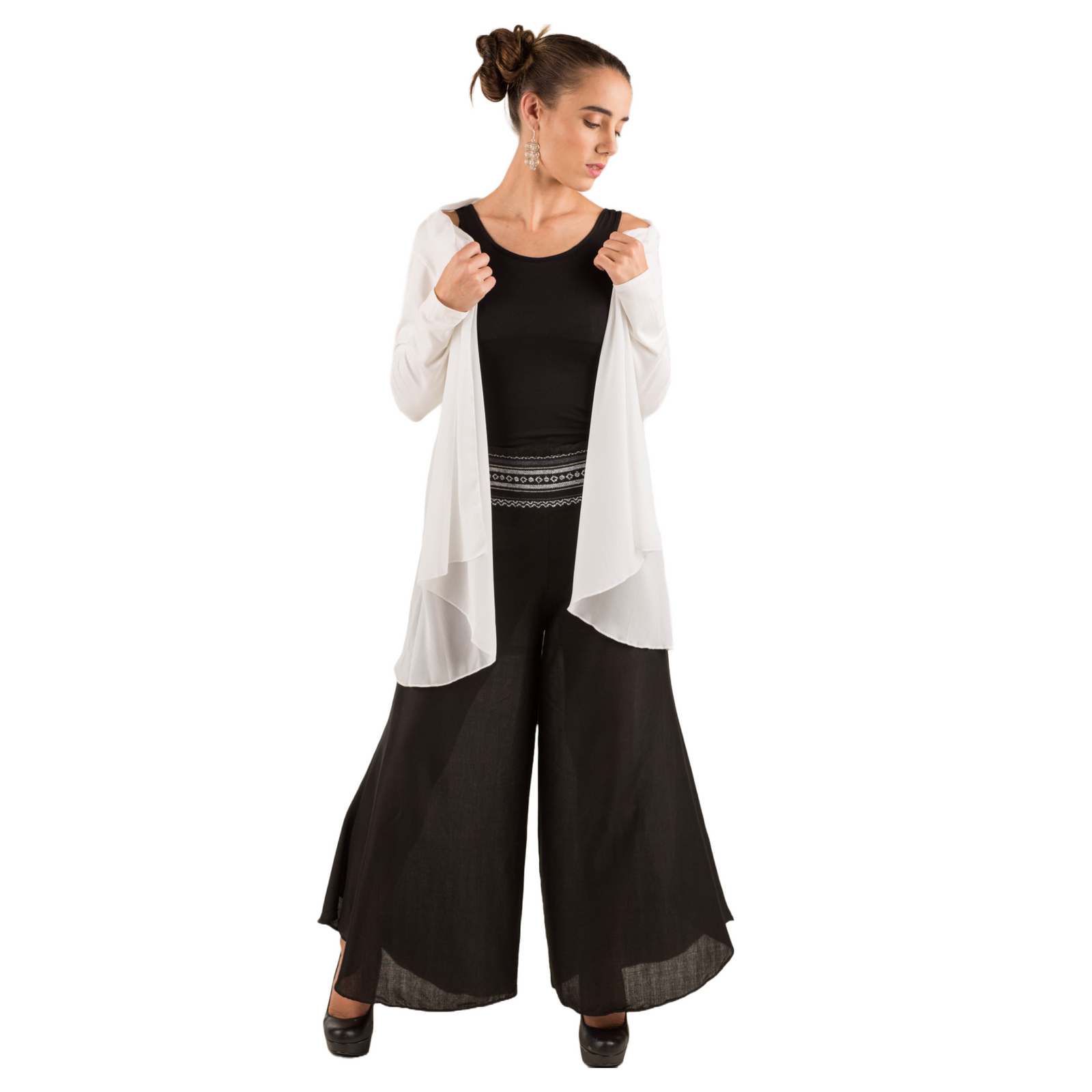 Elegant Chiffon Accented Stretchy Rayon Cardigan