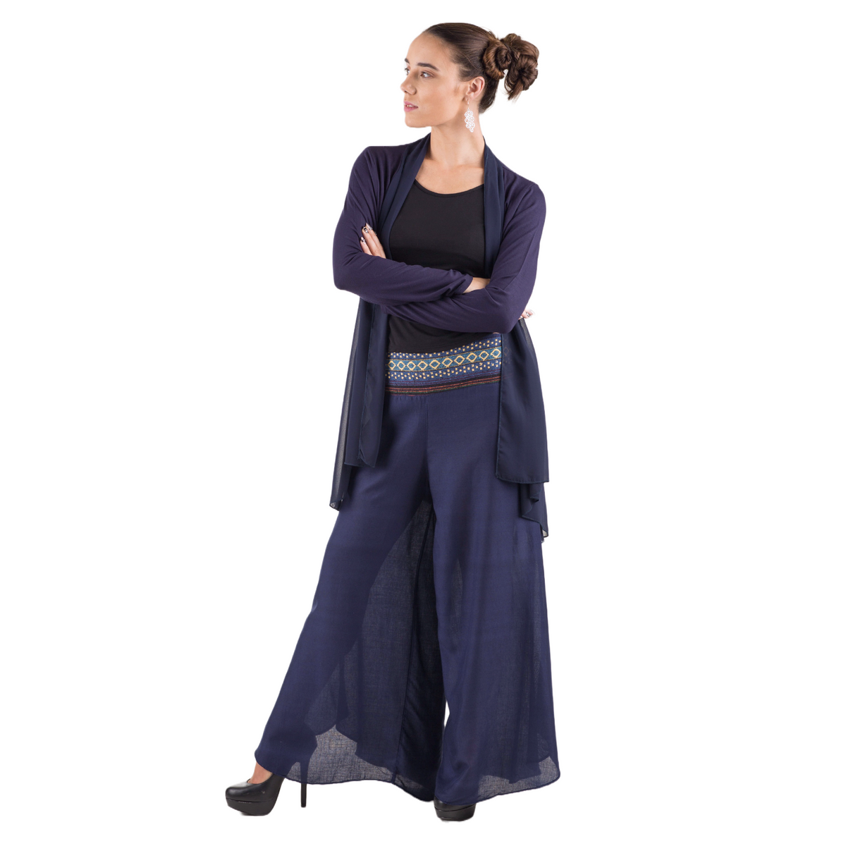 Elegant Chiffon Accented Stretchy Rayon Cardigan