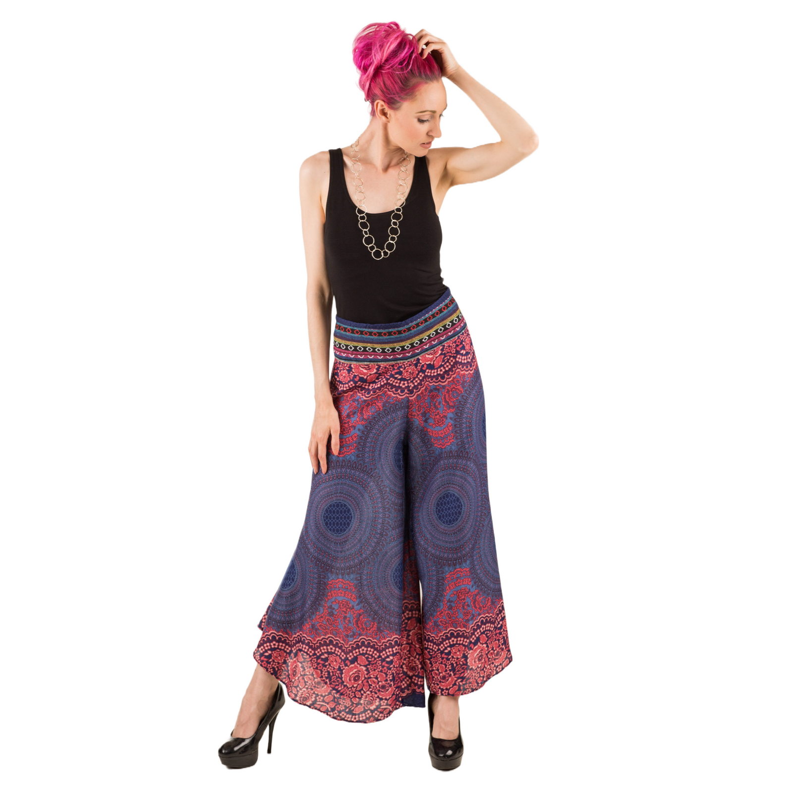Honeycomb Flower Mandala Embroidered Waistband Rayon Palazzo Pants