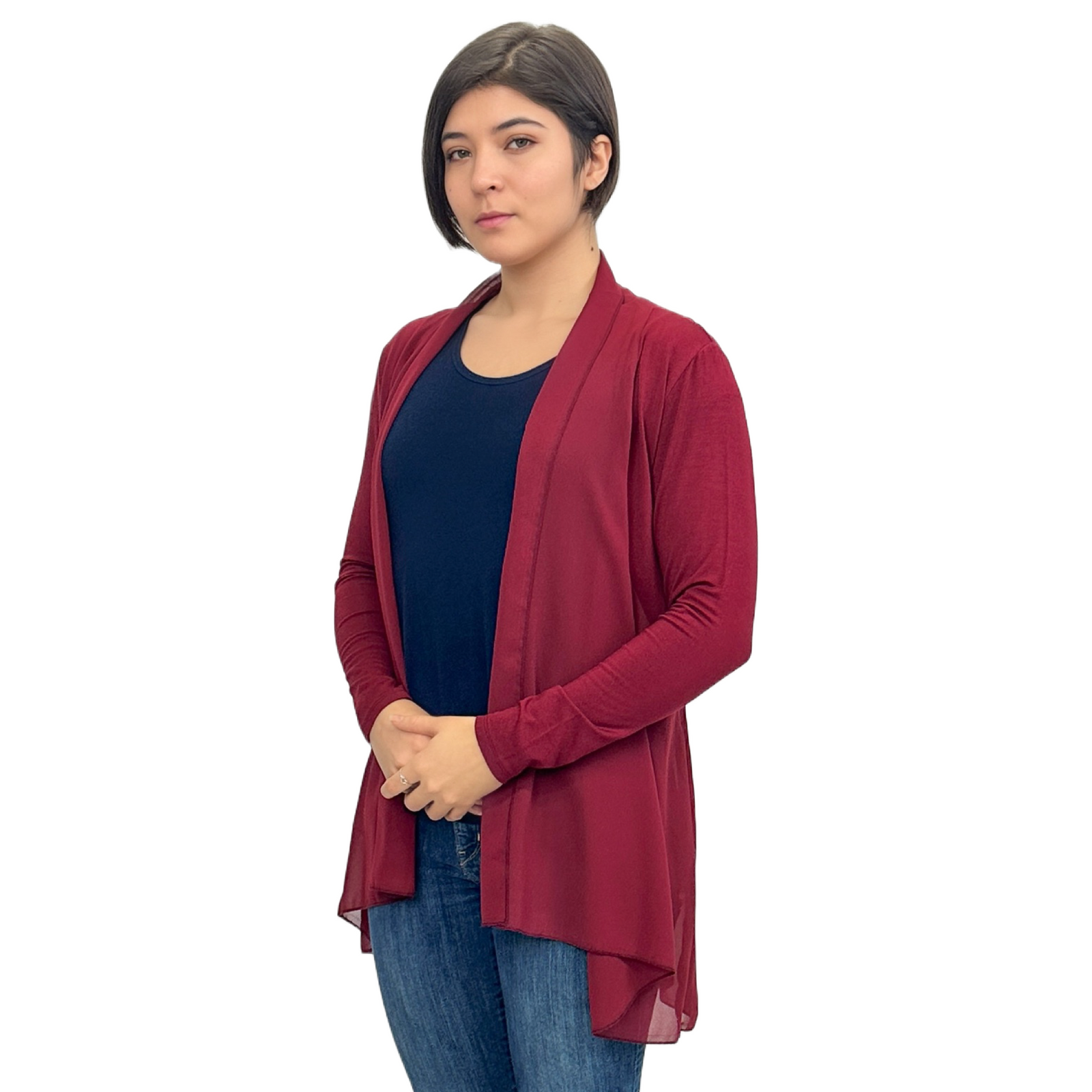 Elegant Chiffon Accented Stretchy Rayon Cardigan