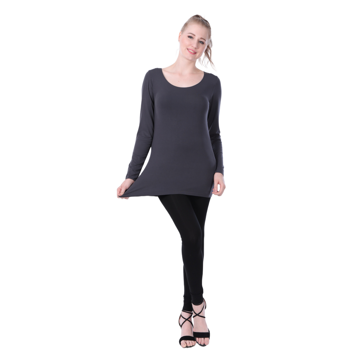 Classic Colors Fitted Long Sleeve Scoop Neck Stretchy Rayon Top