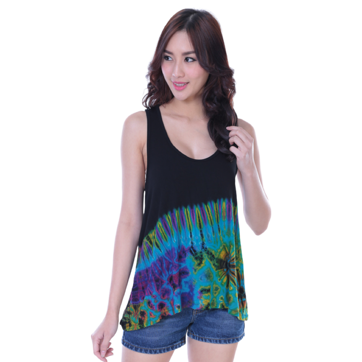 Half Tie-Dye Sleeveless Button Back Rayon Tank Top