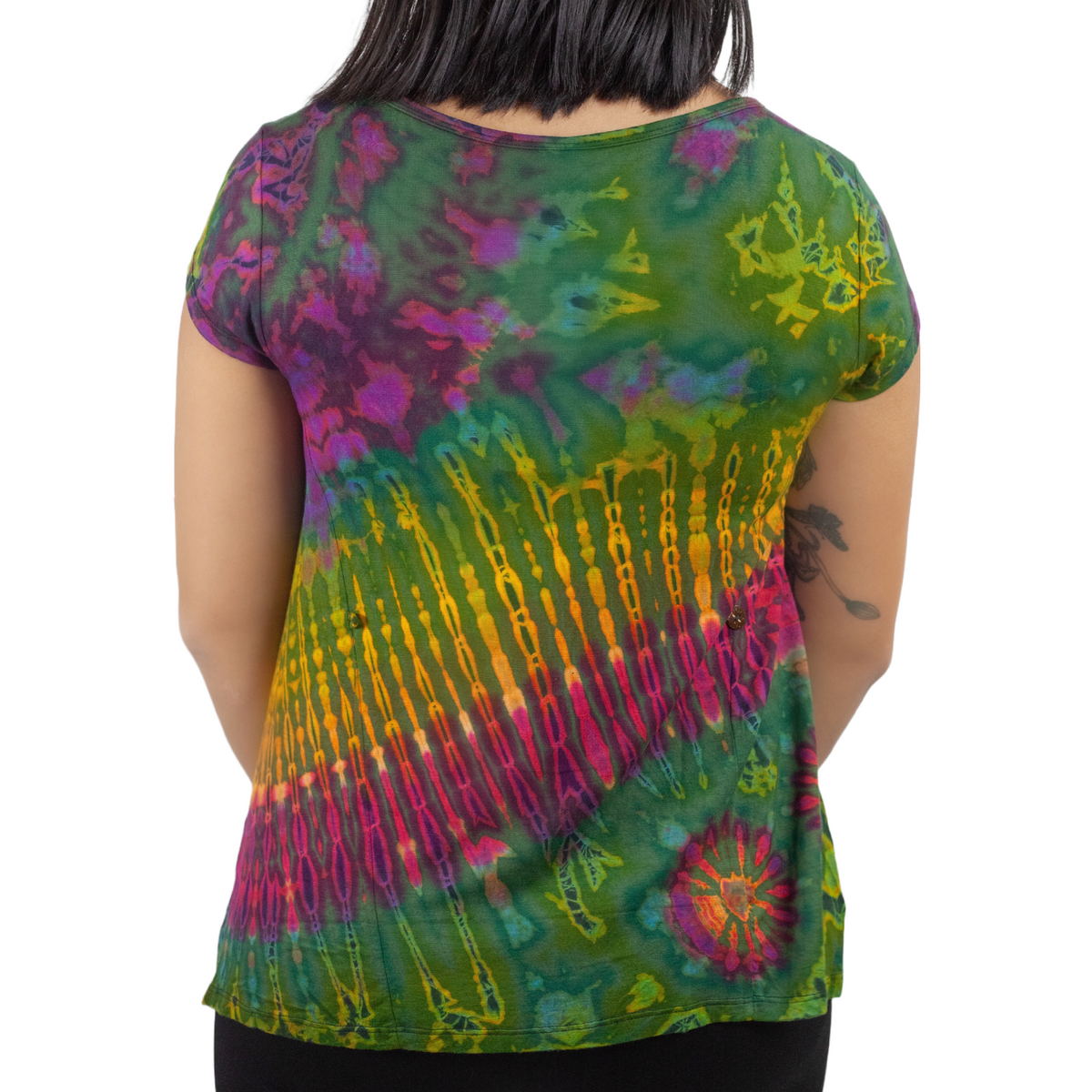 Full Tie-Dye Cap Sleeve Button Back Rayon Top