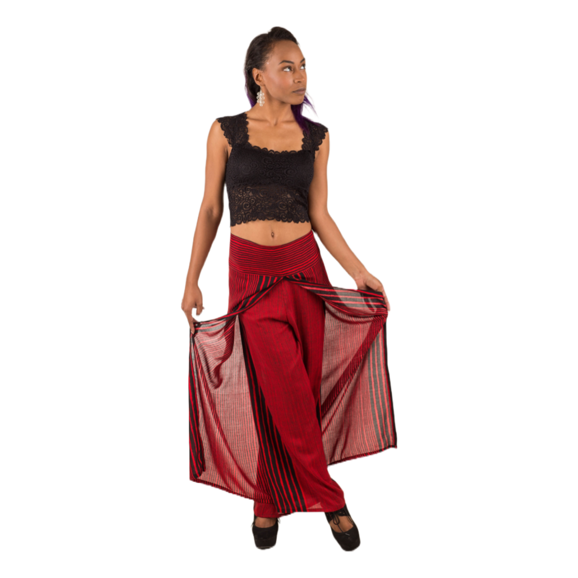 Red and black color striped summer collection breezy wide leg pant with no pocket | casual beach pants for women at an affordable price | fits most sizes S to L 