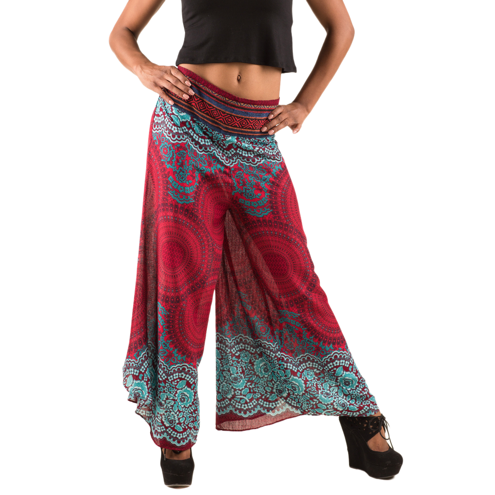 Honeycomb Flower Mandala Embroidered Waistband Rayon Palazzo Pants
