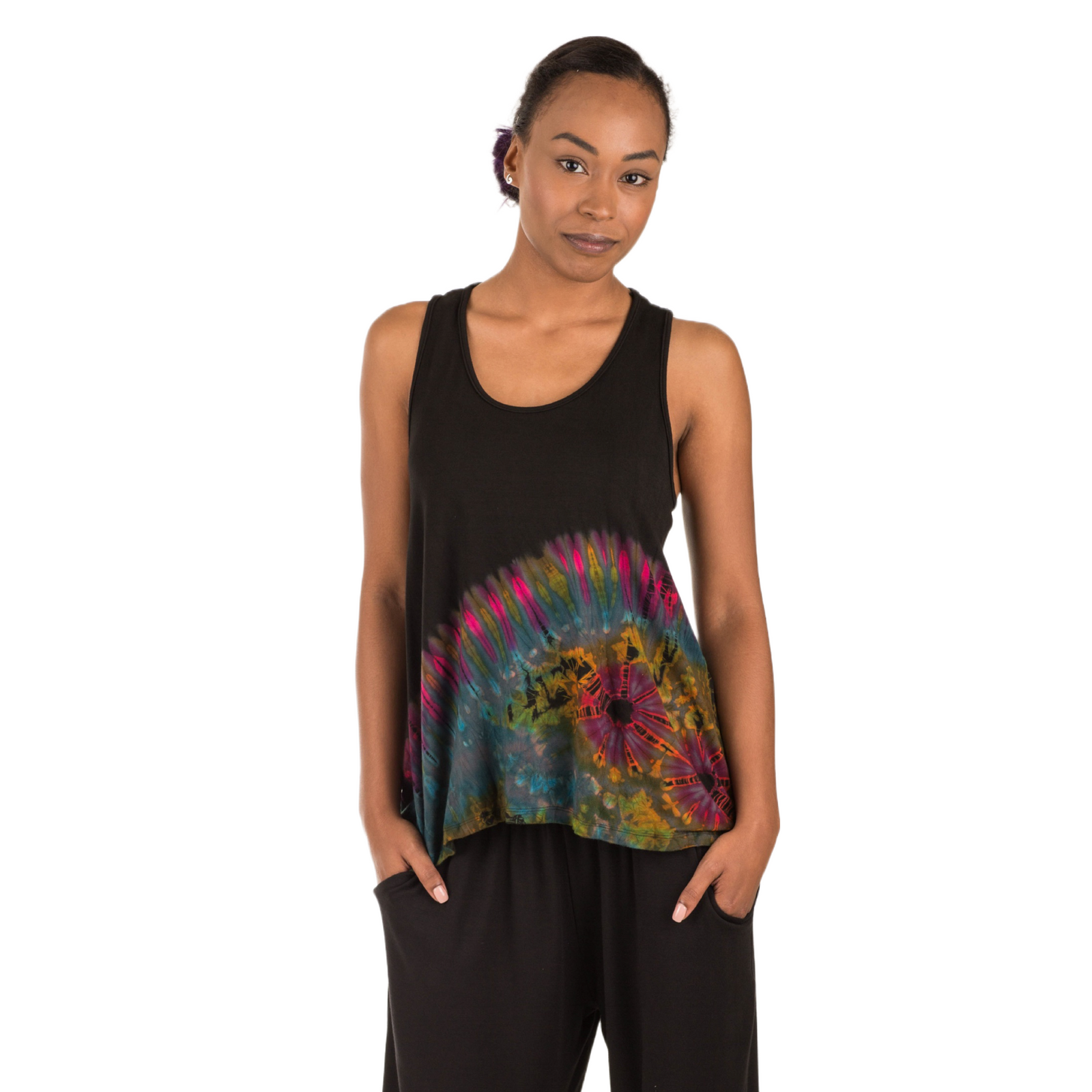 Half Tie-Dye Sleeveless Button Back Rayon Tank Top