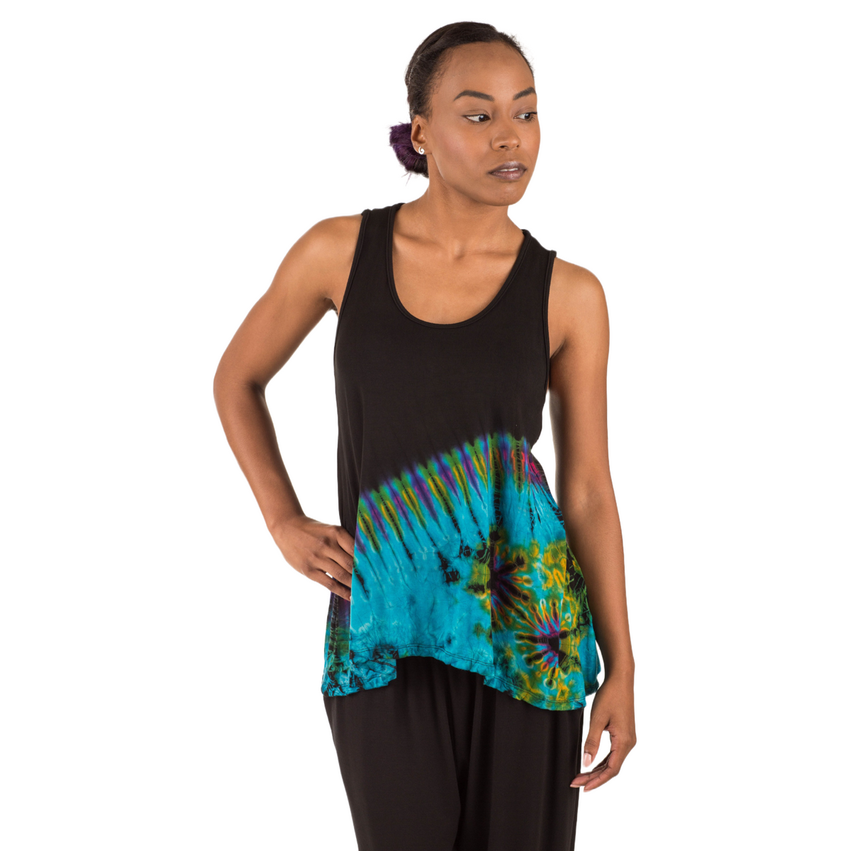Half Tie-Dye Sleeveless Button Back Rayon Tank Top