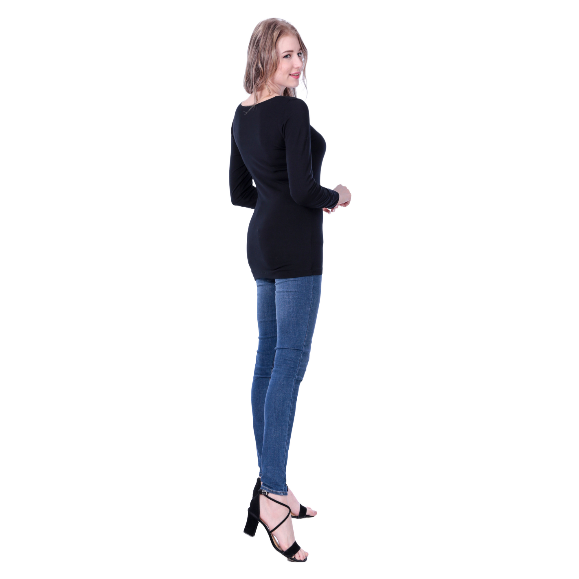 Classic Colors Fitted Long Sleeve Scoop Neck Stretchy Rayon Top