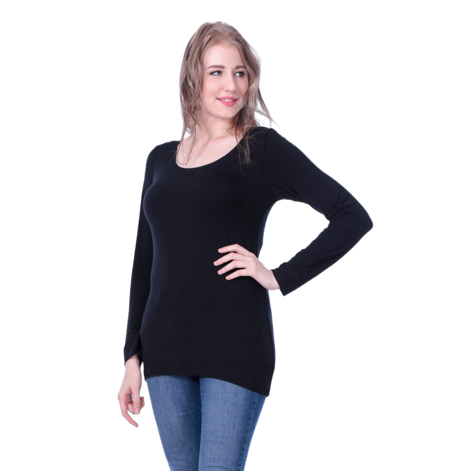 Classic Colors Fitted Long Sleeve Scoop Neck Stretchy Rayon Top