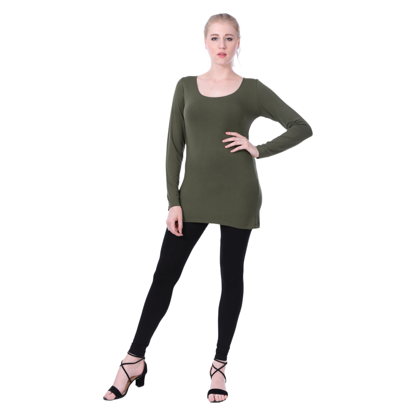 Classic Colors Fitted Long Sleeve Scoop Neck Stretchy Rayon Top