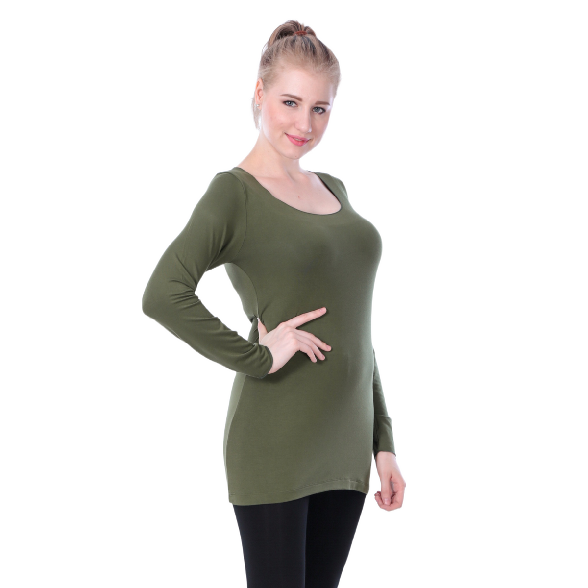 Classic Colors Fitted Long Sleeve Scoop Neck Stretchy Rayon Top