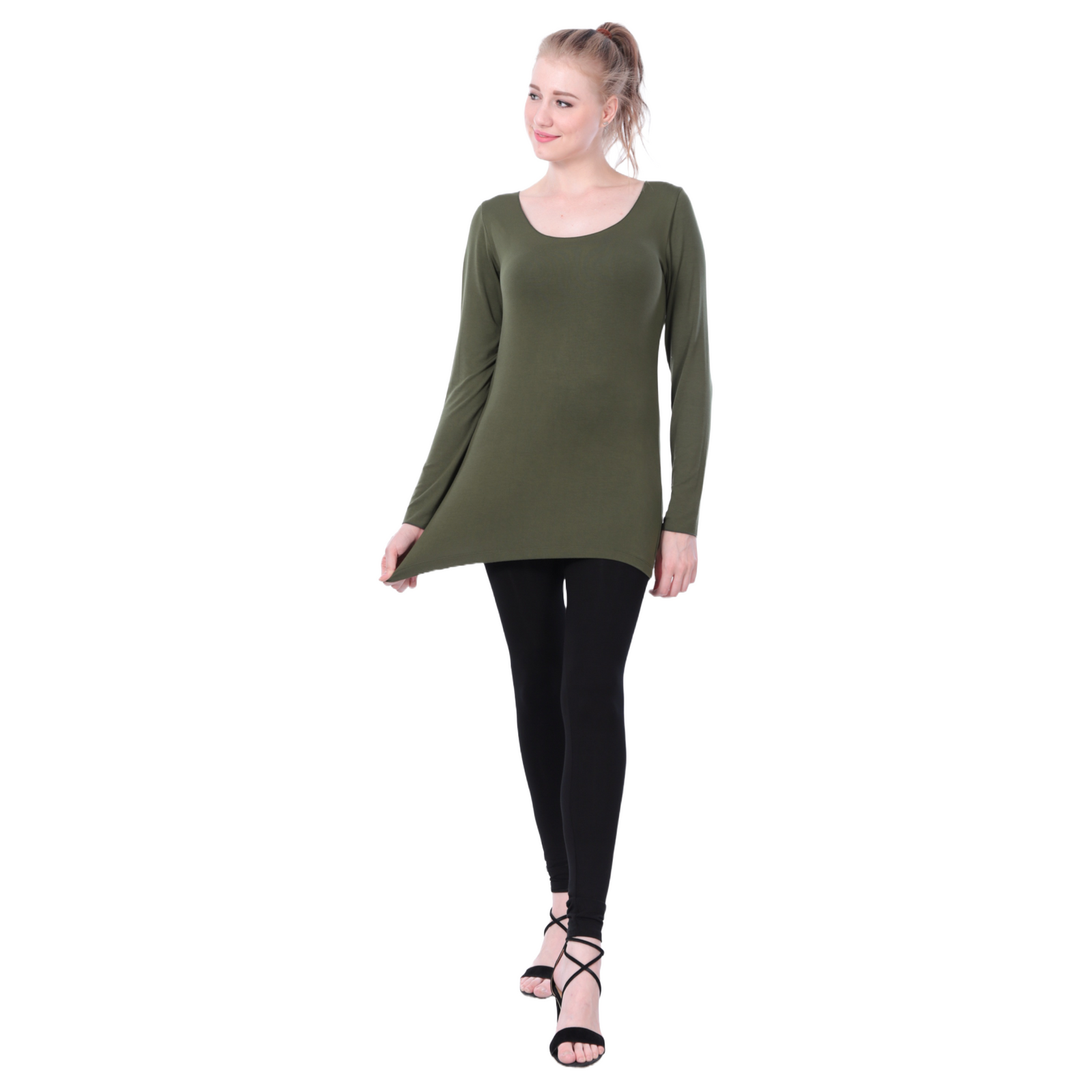 Classic Colors Fitted Long Sleeve Scoop Neck Stretchy Rayon Top