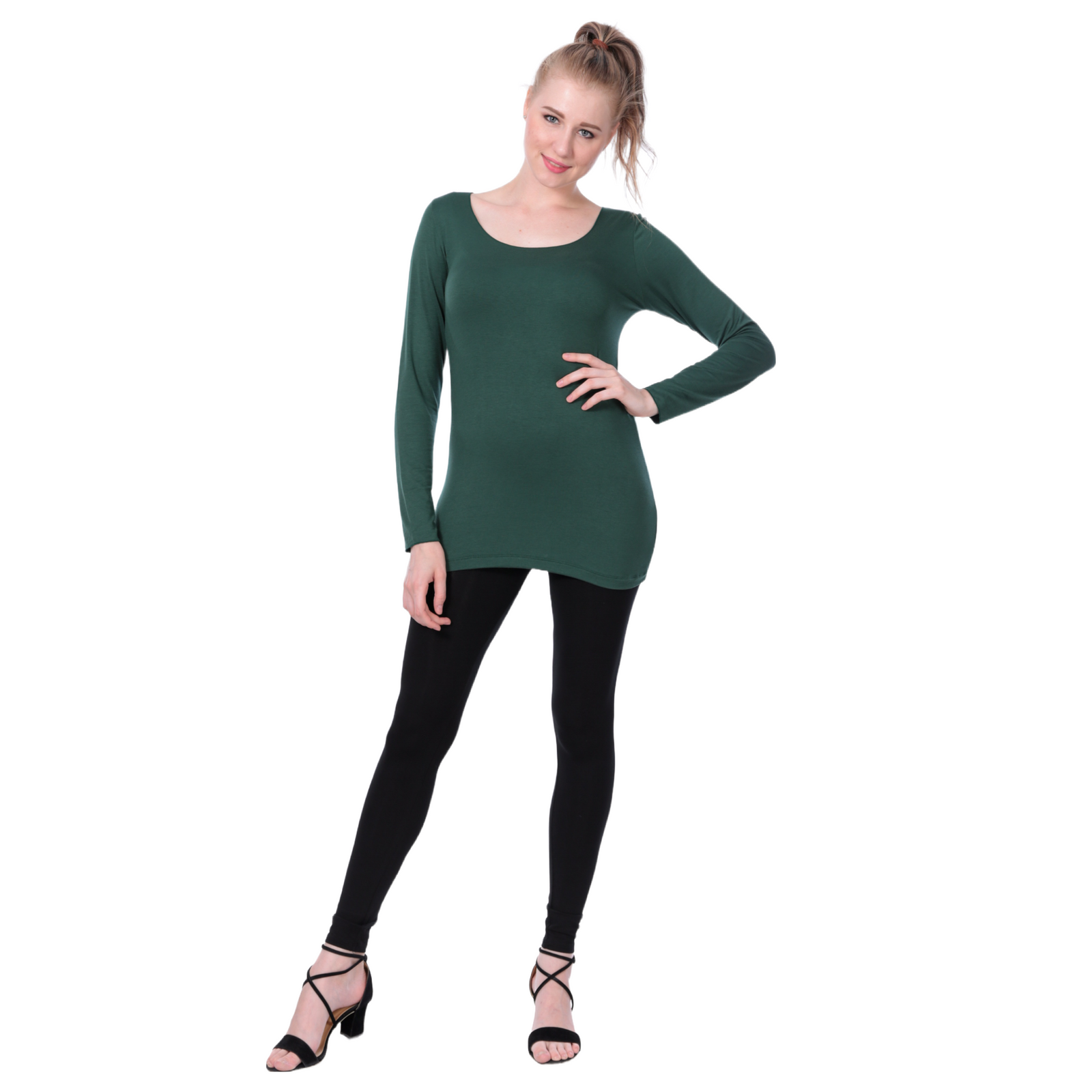 Classic Colors Fitted Long Sleeve Scoop Neck Stretchy Rayon Top