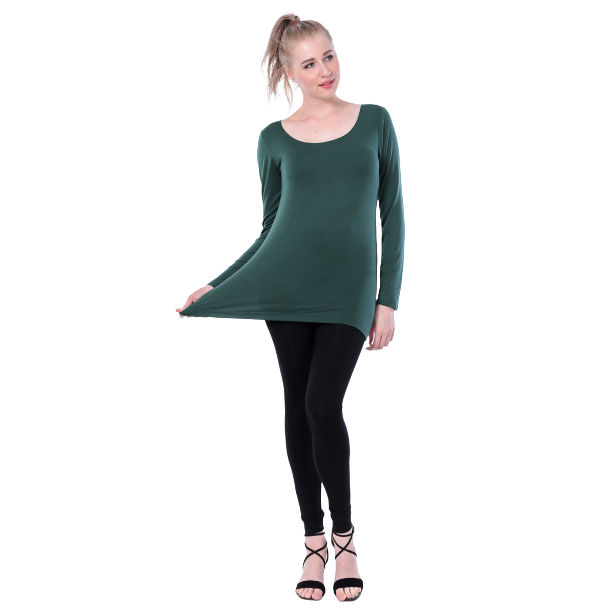 Classic Colors Fitted Long Sleeve Scoop Neck Stretchy Rayon Top