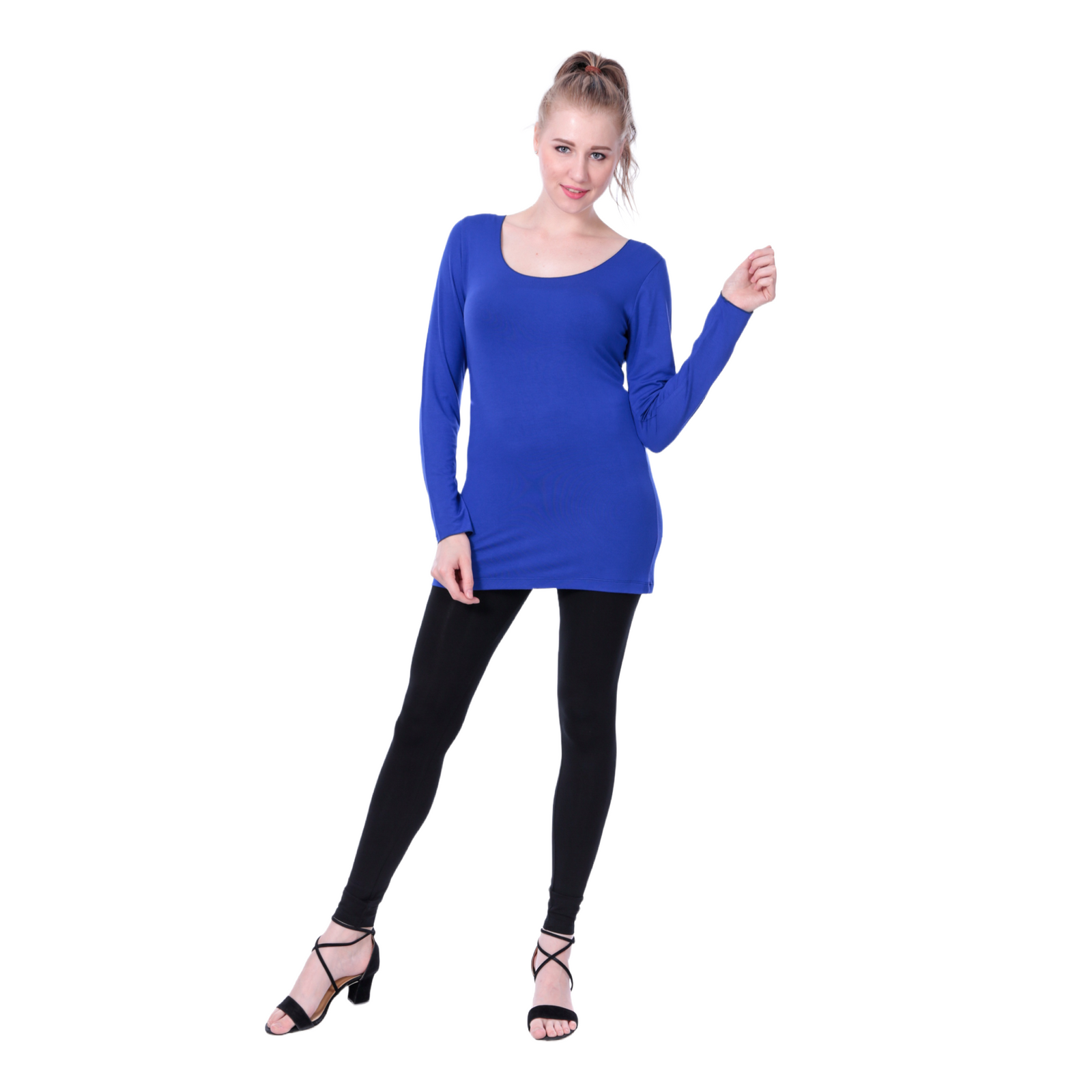 Classic Colors Fitted Long Sleeve Scoop Neck Stretchy Rayon Top