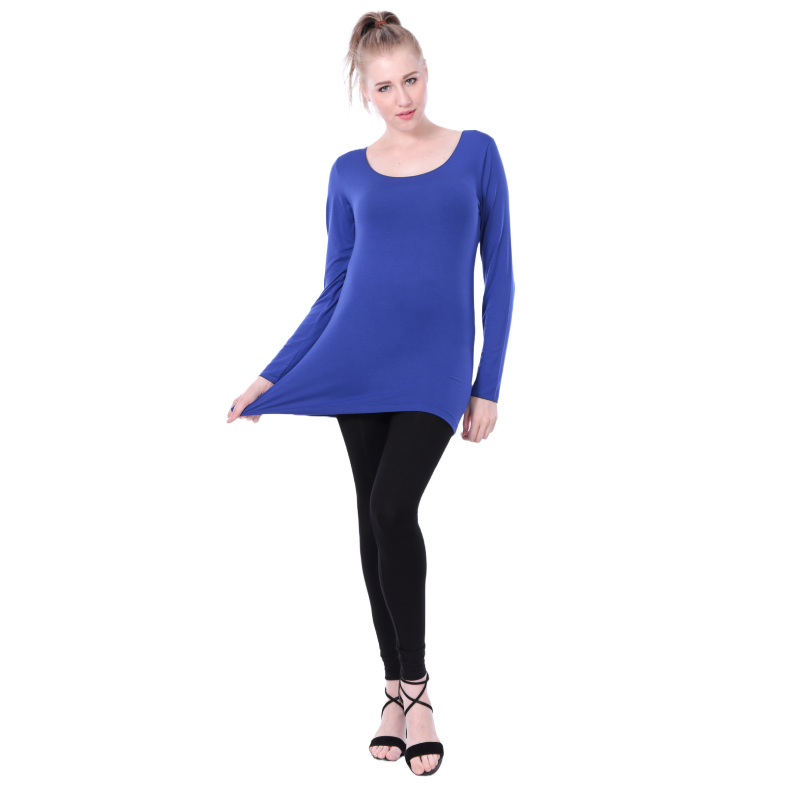 Classic Colors Fitted Long Sleeve Scoop Neck Stretchy Rayon Top