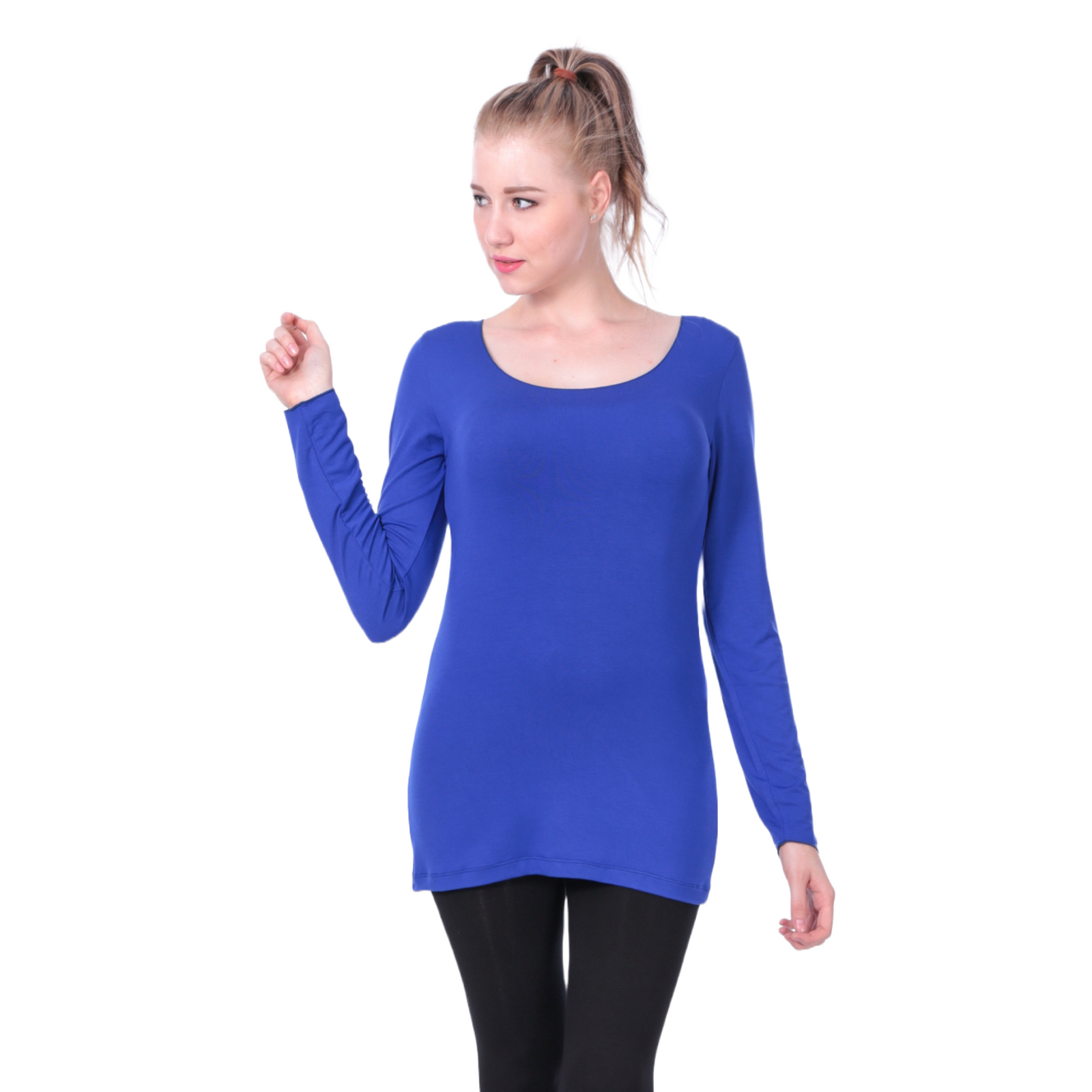 Classic Colors Fitted Long Sleeve Scoop Neck Stretchy Rayon Top