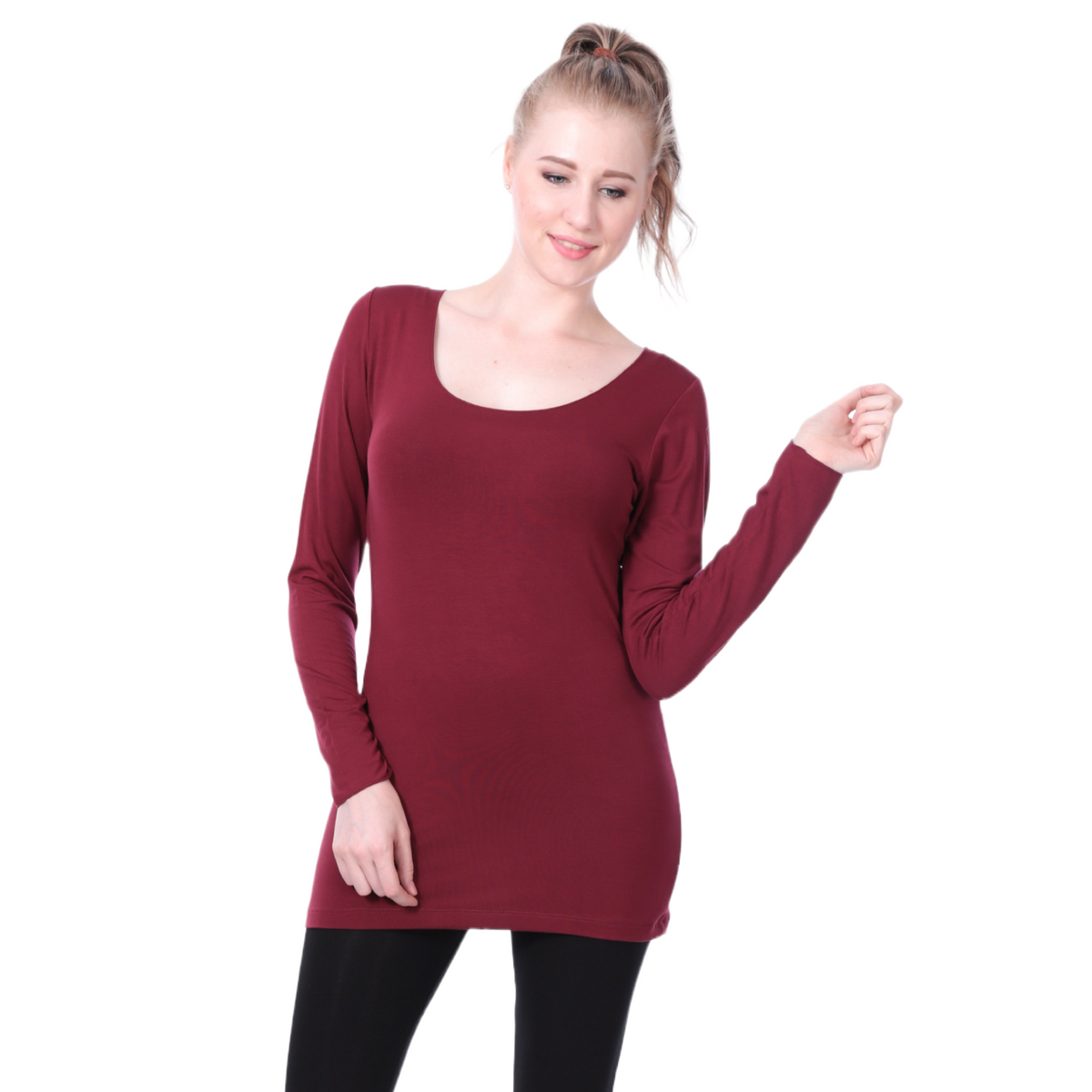 Classic Colors Fitted Long Sleeve Scoop Neck Stretchy Rayon Top