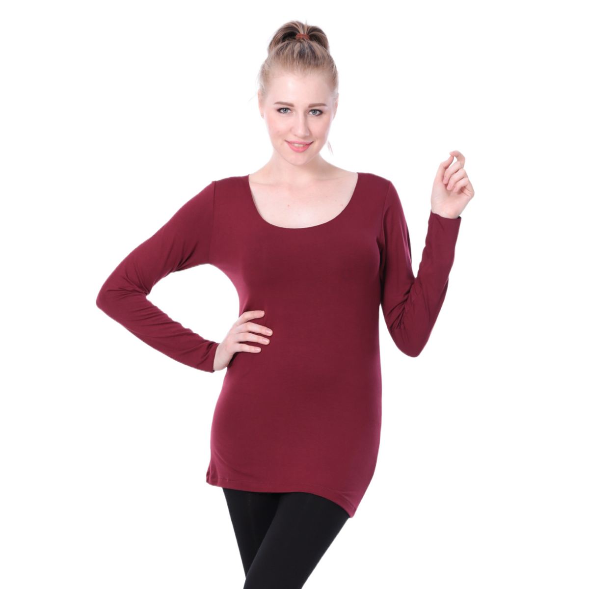Classic Colors Fitted Long Sleeve Scoop Neck Stretchy Rayon Top