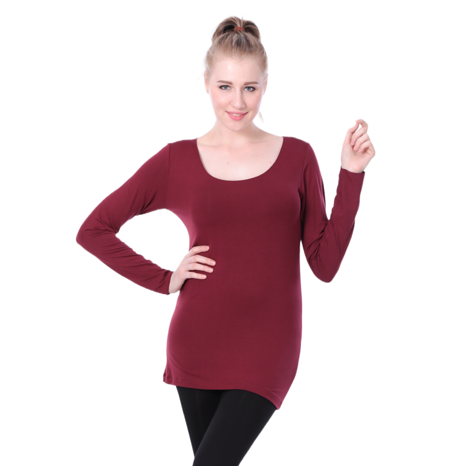 Classic Colors Fitted Long Sleeve Scoop Neck Stretchy Rayon Top