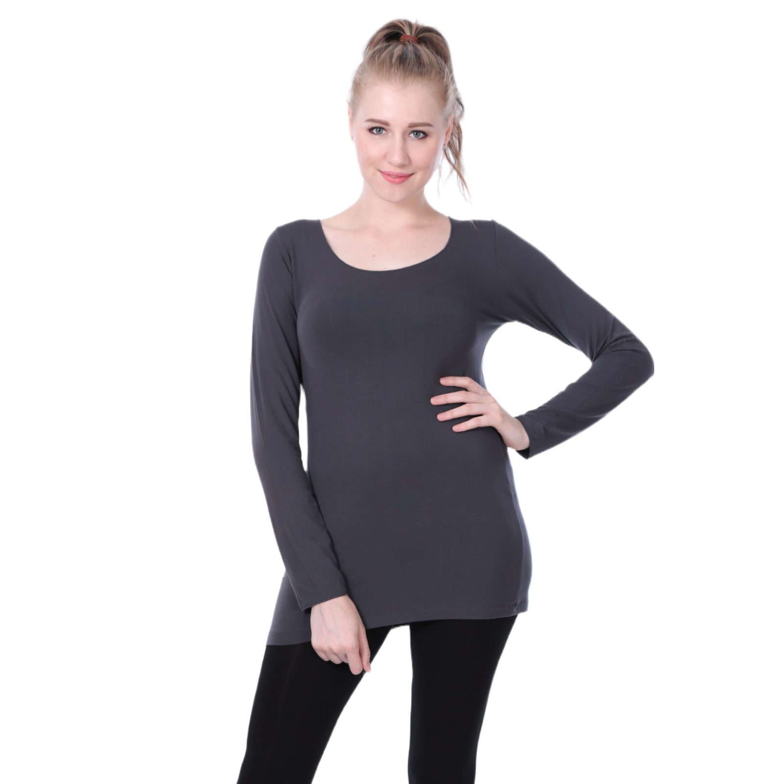 Classic Colors Fitted Long Sleeve Scoop Neck Stretchy Rayon Top