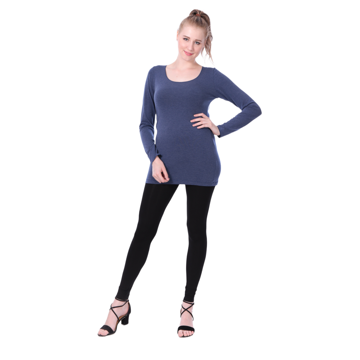Classic Colors Fitted Long Sleeve Scoop Neck Stretchy Rayon Top
