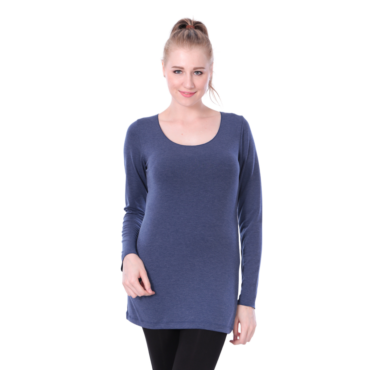 Classic Colors Fitted Long Sleeve Scoop Neck Stretchy Rayon Top
