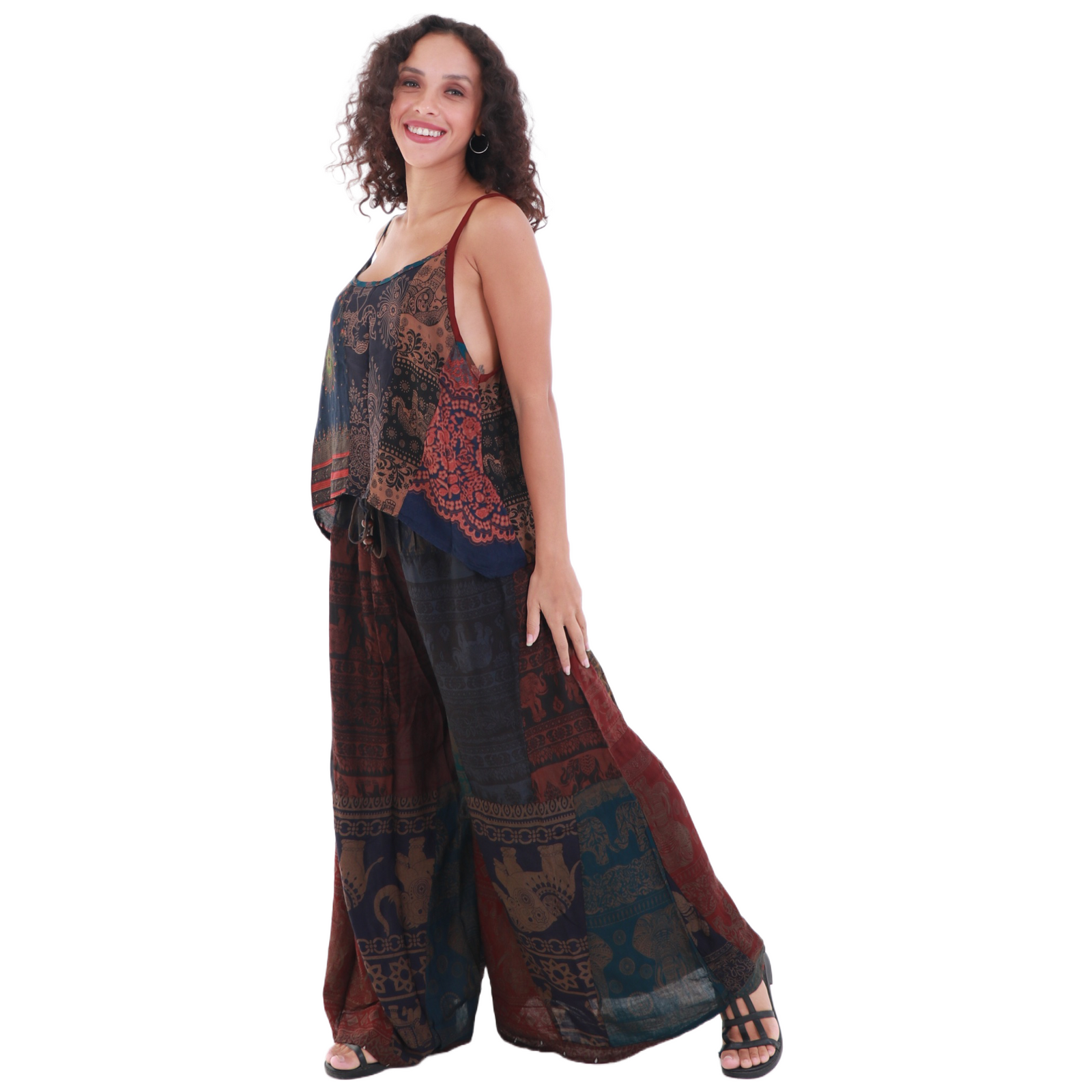 Upcycled Rayon Patchwork Wide-Leg Drawstring Pants