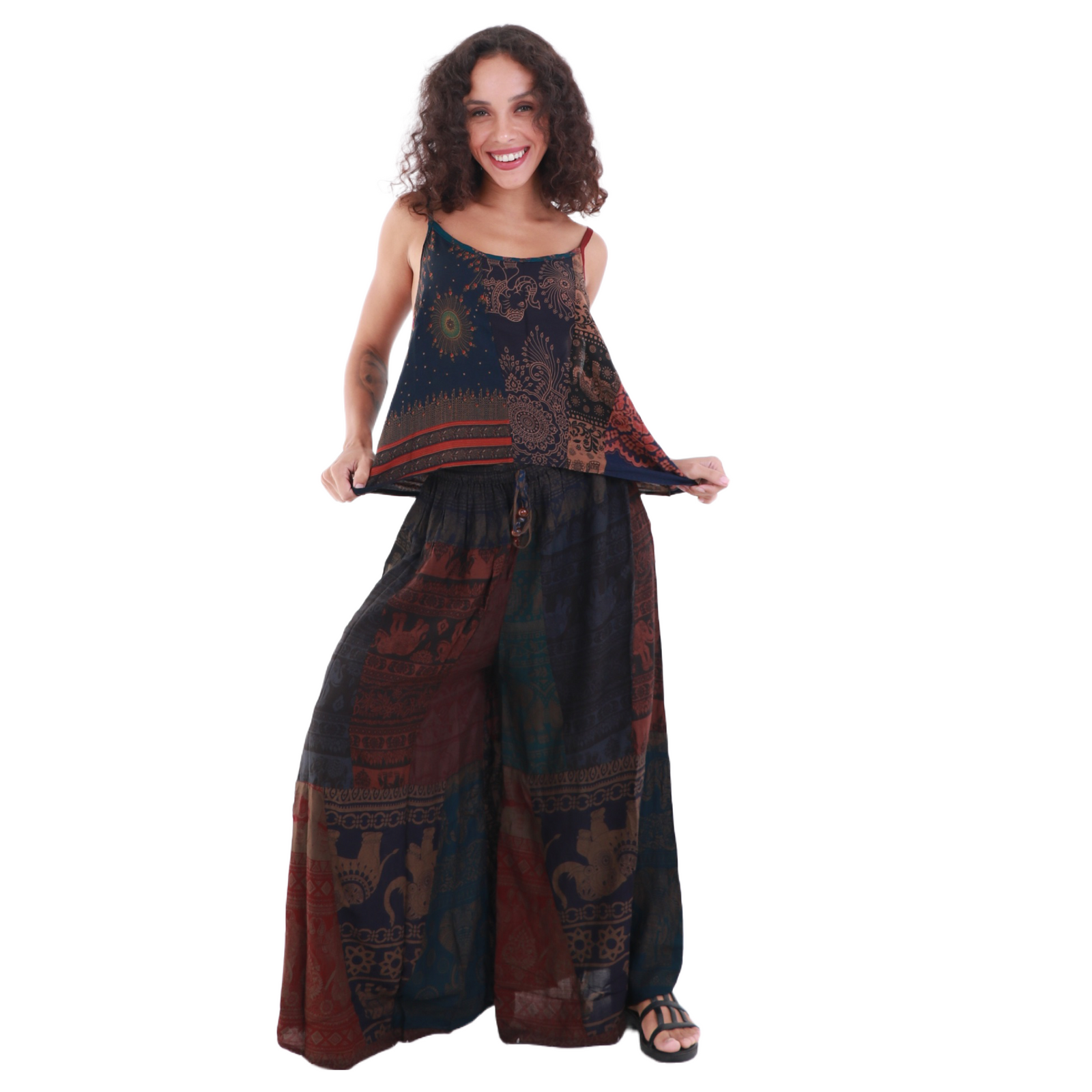 Upcycled Rayon Patchwork Wide-Leg Drawstring Pants