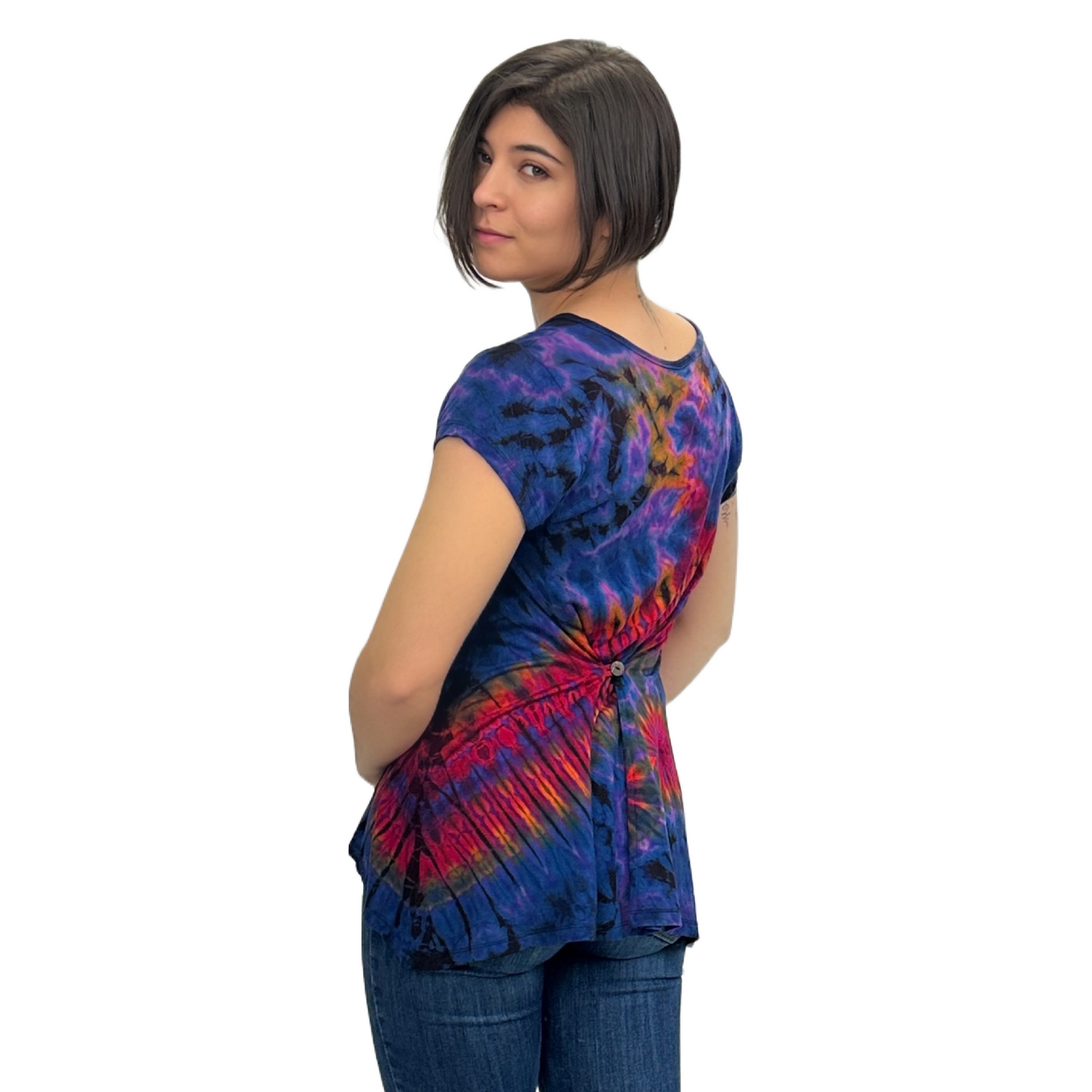 Full Tie-Dye Cap Sleeve Button Back Rayon Top