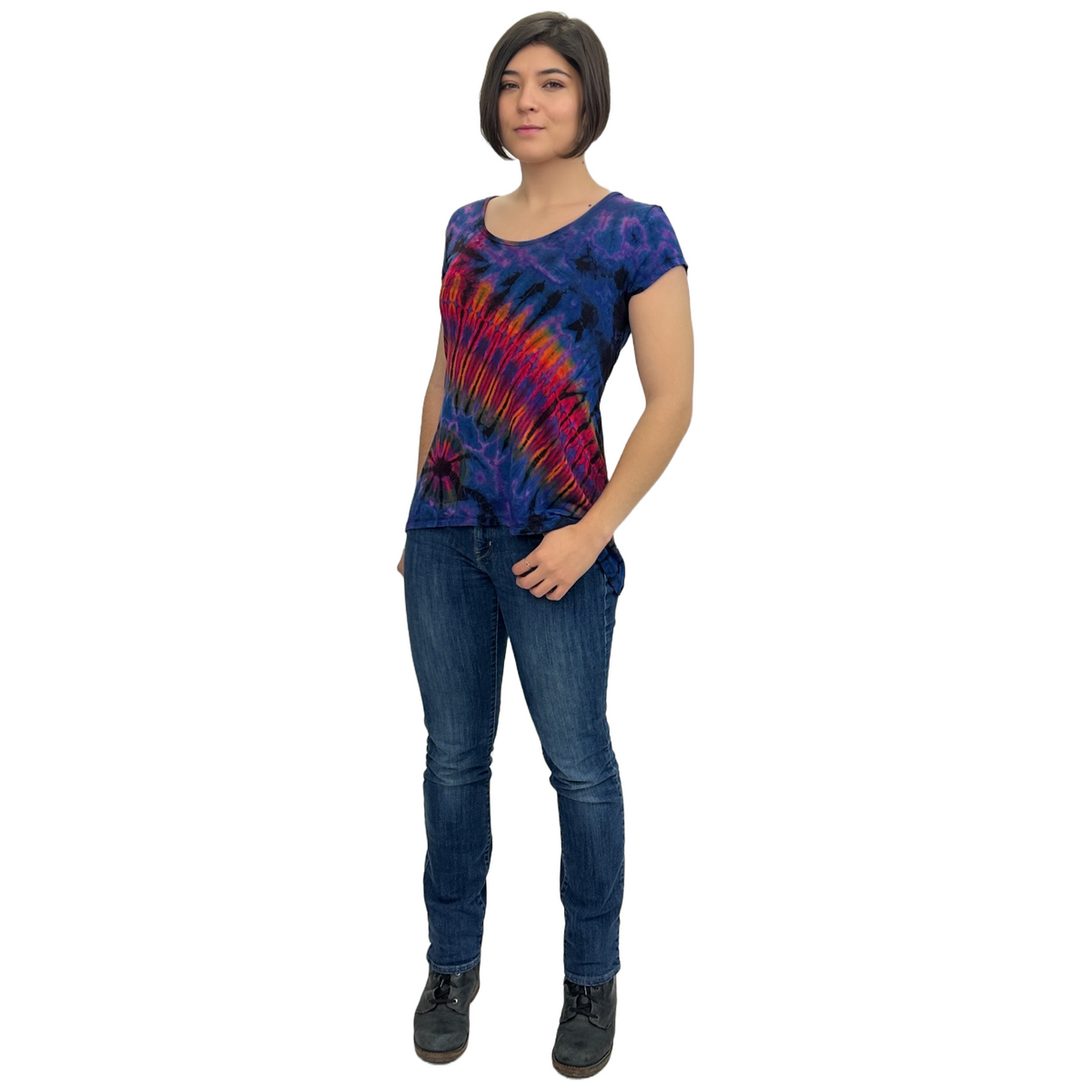 Full Tie-Dye Cap Sleeve Button Back Rayon Top